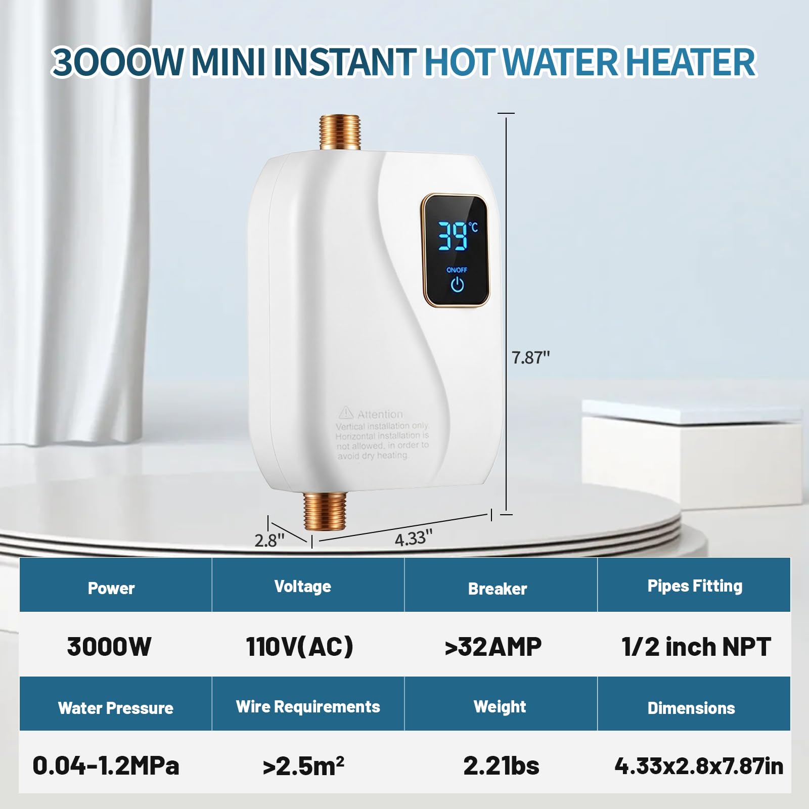 Calentador de agua eléctrico sin tanque, calentador de agua eléctrico sin tanque de 3000 W, 110 V, calentador de agua caliente bajo demanda, eléctrico con visualización digital, calentador de agua