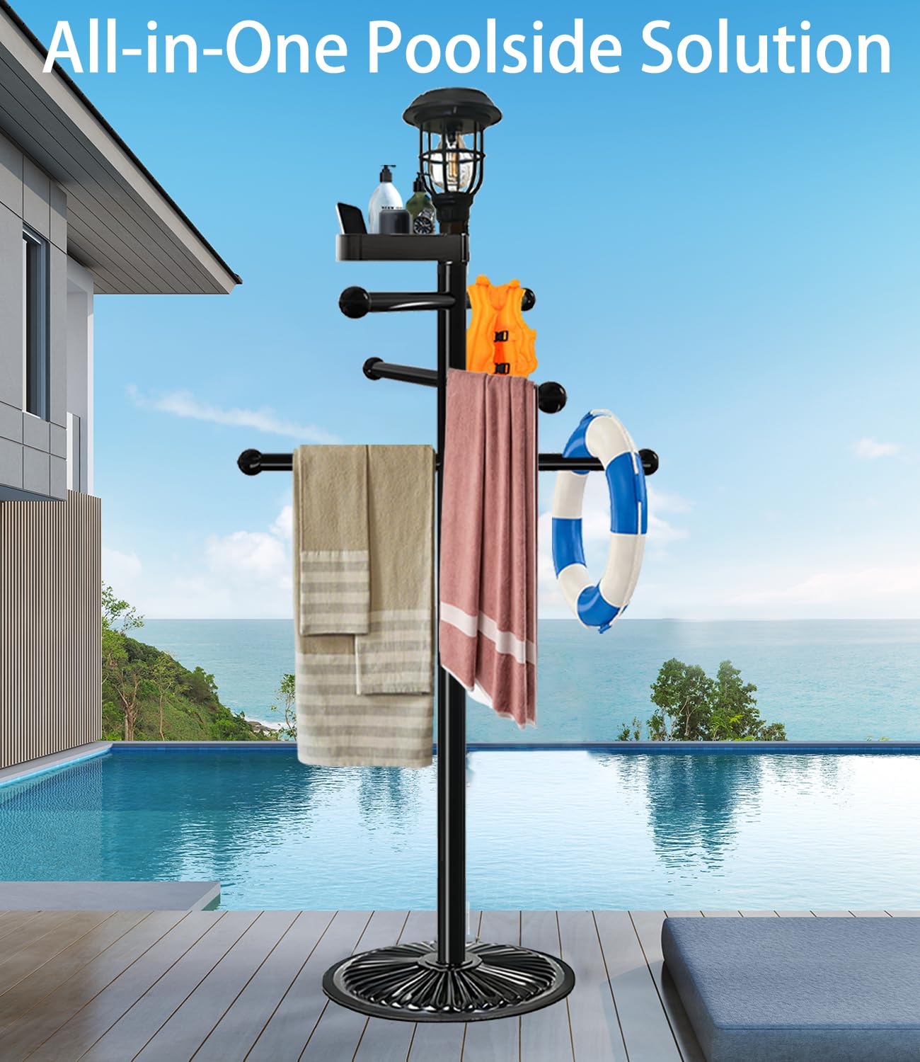 Porte-serviettes de piscine extérieur 5 avec lampe solaire