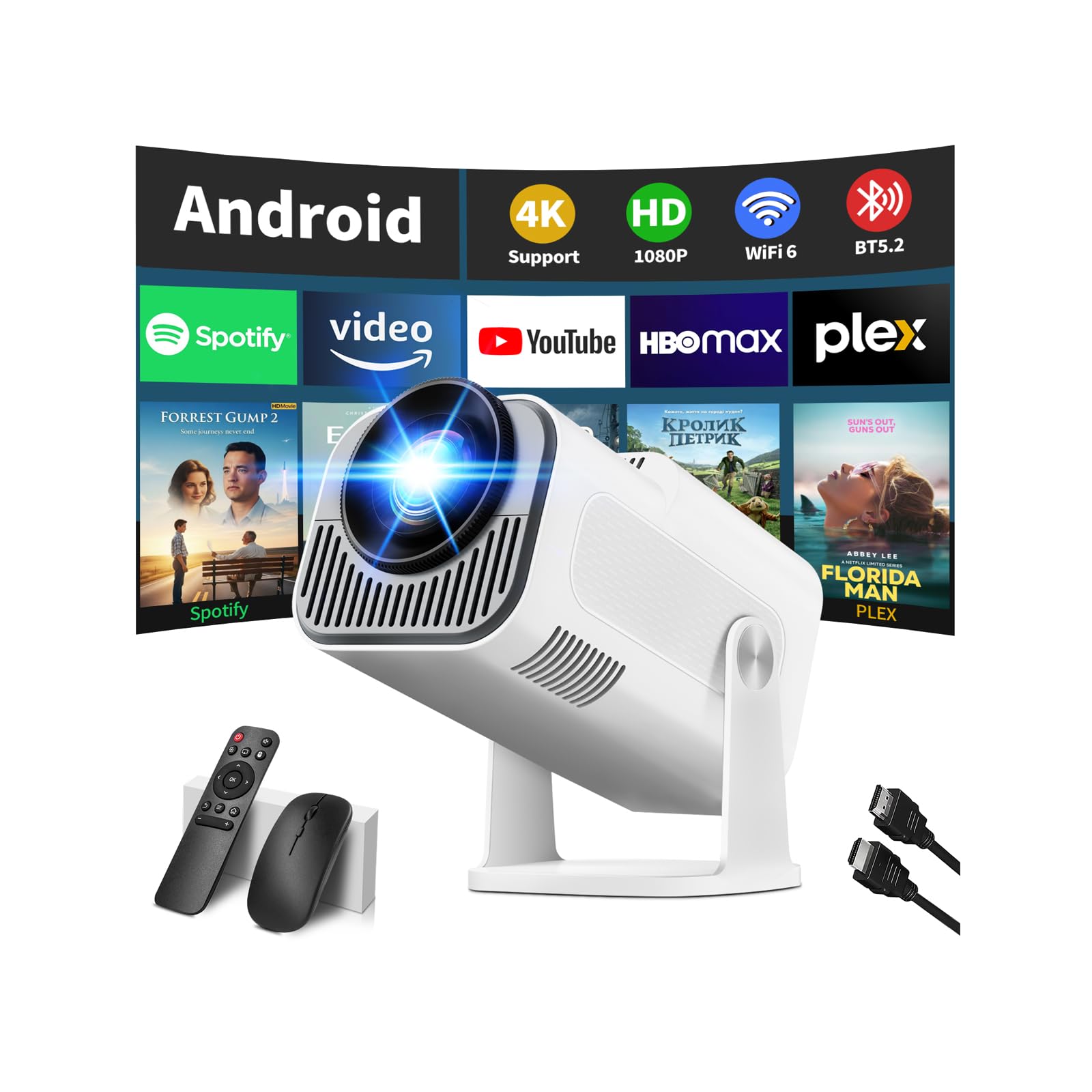 Photo 1 of [Projector 2026 Upgraded] Mini Projector Support 4K 1080P Auto Keystone 270°Rotatable with WiFi 6 and Bluetooth 5.2 Projector Portable Compatibile with HDMI/TV Stick/Memory Stick/Laptop,White