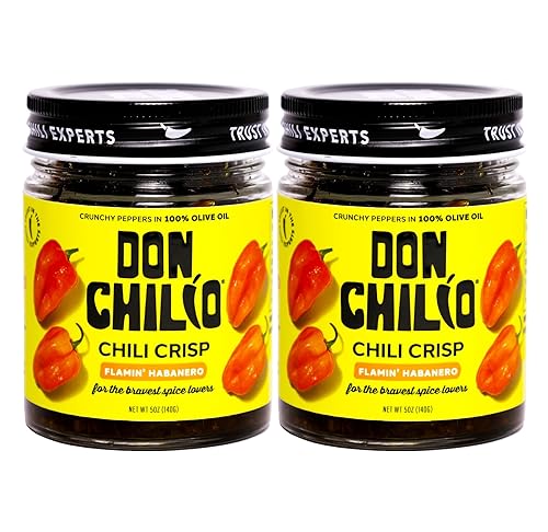 Don Chilio Hot Habanero Mexican Chile Crisp, 5 onzas, paquete de 2 Chile frito habanero en rodajas crujientes en aceite de oliva 100% sazonado