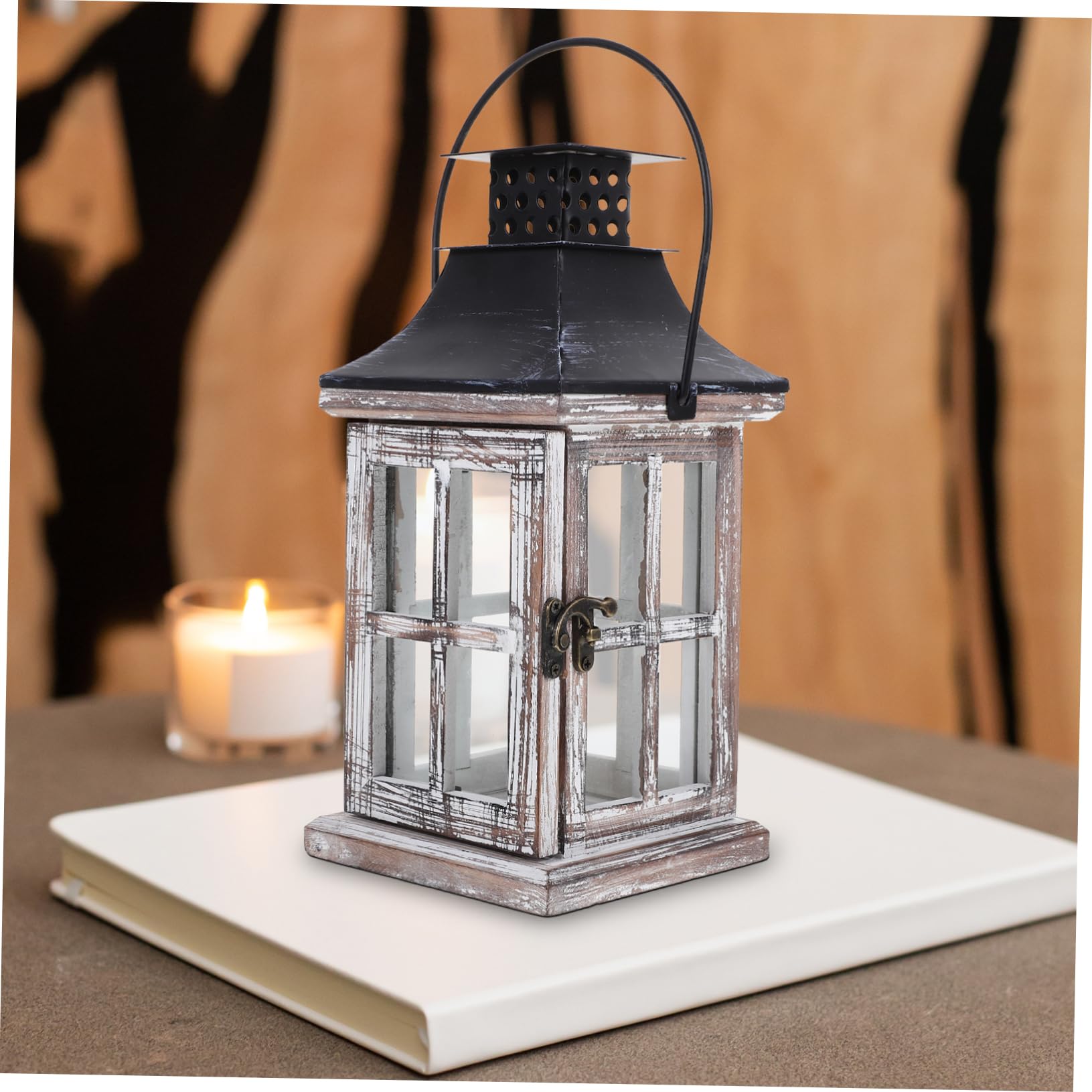 Kerzenständer Rustikal aus Eisen Holz und Glas Hängende Kerzenlaterne im Vintage Stil Kompakt für Zuhause und Hochzeitsdeko