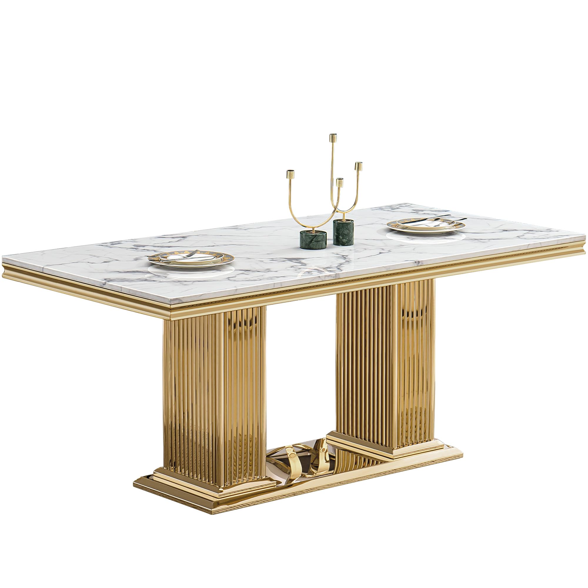 Maotifeys 70 Inch White Marble Dining Table for 6 People, Modern Dining Room Tables with Faux Marble Top and II-Shaped Gold Stainless Steel Legs, 70"