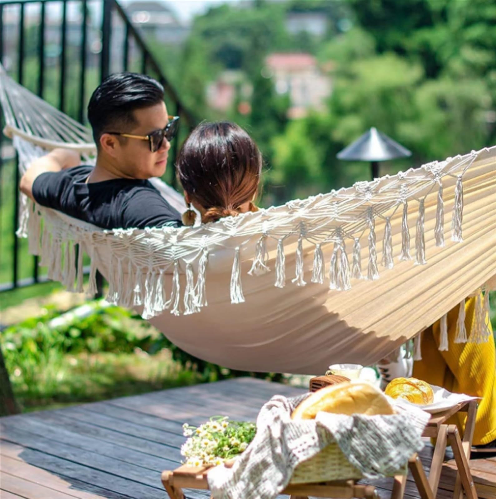 Hamak Ultralekki, Hammock 150x200 Cm Kryty Odkryty Hamak W Stylu Boho Makrama Duże Płótno Miękkie Hamaki Łóżko Dla Dwóch Osób Domu na Kemping, na Zewnątrz