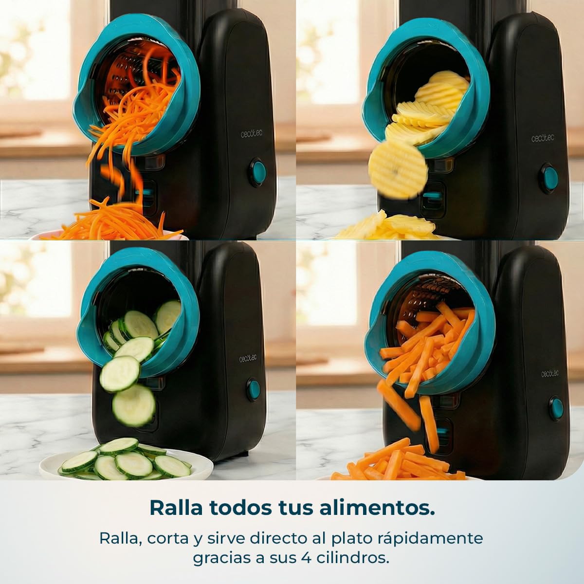 Cecotec Cortador Eléctrico de Verduras - Salad Maker - Total Blade Full Black. Procesador Alimentos, 4 Cilindros Intercambiables, Corta, Ralla y Lamina, Desmontable, Compacto, Ensaladas en Segundos