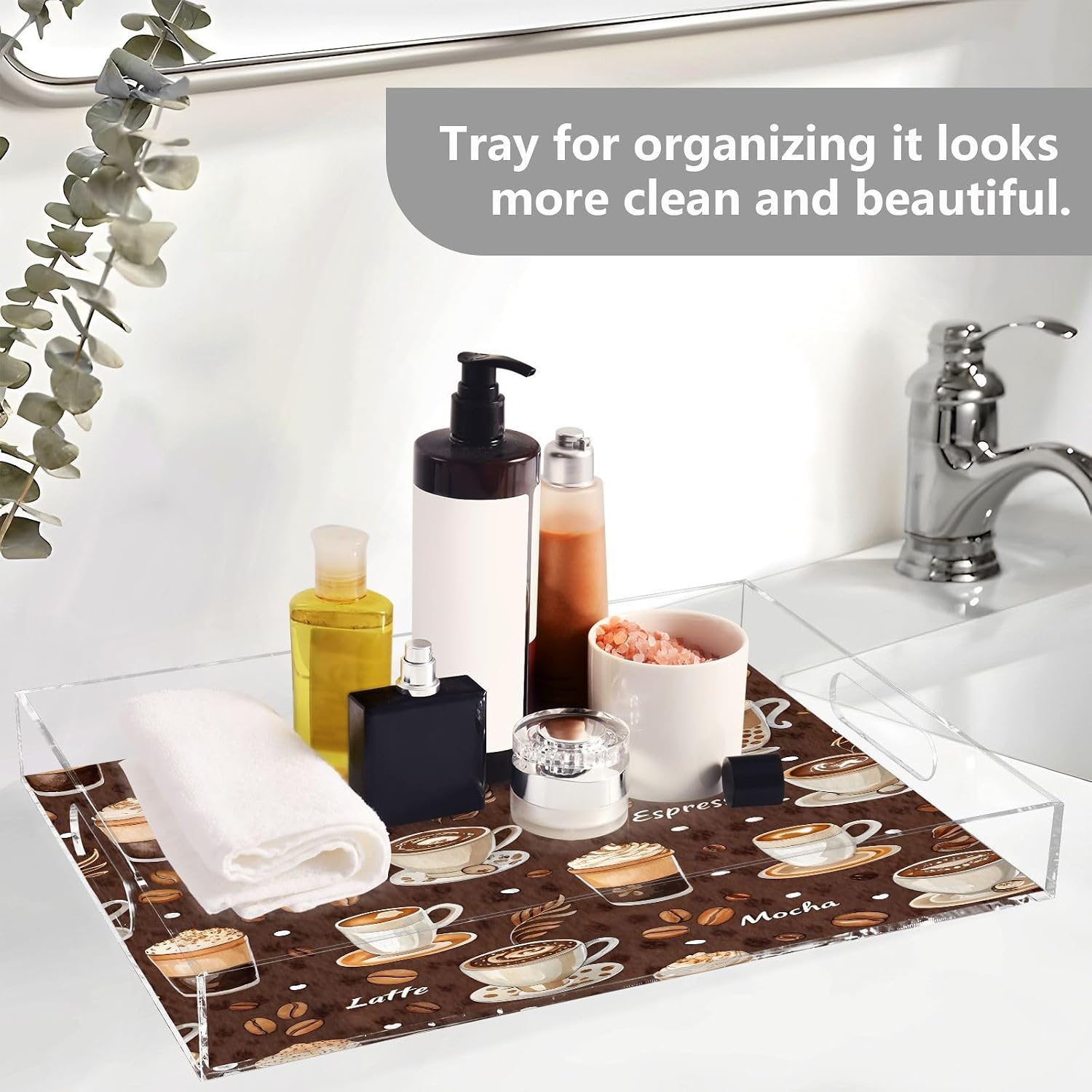 Kigai Coffee Theme Acrylic Serving Tray with Handles 15.7 x 11.8 x 1.9 inch Spill Proof Decorative Tray Countertop Organizer for Living Room Bathroom Ottoman Coffee Tables