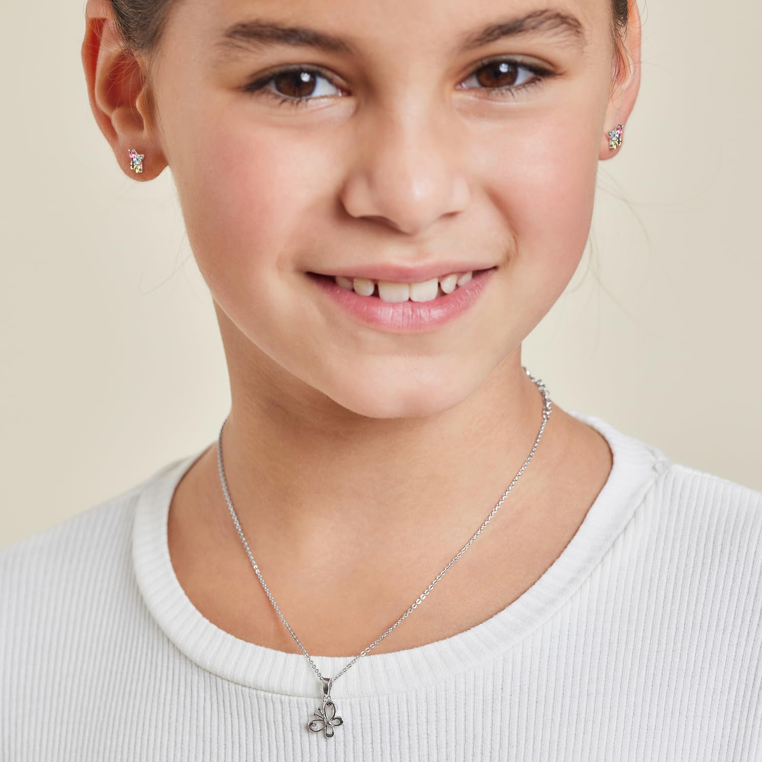 Amor Kette mit Anhänger 925 Sterling Silber Mädchen Kinder Halsschmuck, mit Zirkonia synth., 35+3 cm, Silber, Schmetterling, Kommt in Schmuck Geschenk Box, 9293421