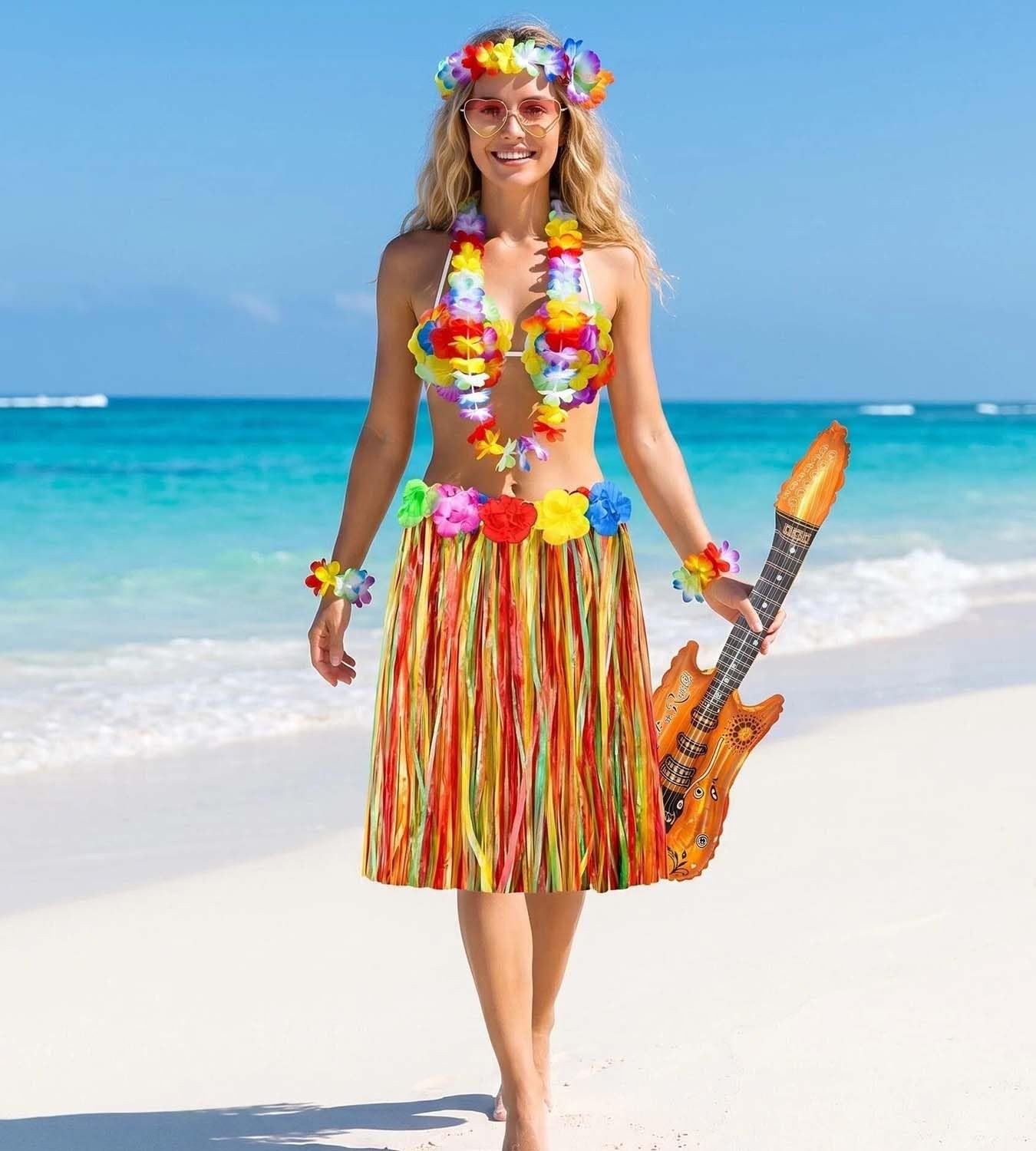 Hawaii Outfit Damen Herren, Hawaii Kostüm Rock mit Blumenketten, Armbänder & Accessoires, Hula Rock für Tropische Strandparty, Sommerfest & Hawaiianischer Dekoration