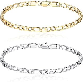 انسيال فيجارو من الستانلس ستيل للرجال والنساء كاسيكا، سوار بتصميم ايطالي وكوبي، فضي وذهبي، 7 بوصة، قطعتين