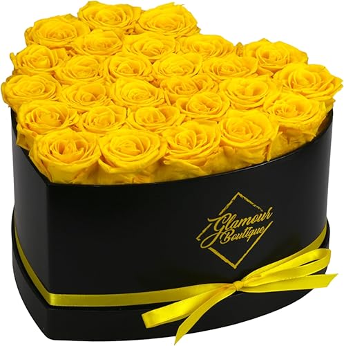 GLAMOUR BOUTIQUE - Caja en forma de corazón con 27 flores, rosas preservadas, regalo para mujer, color amarillo
