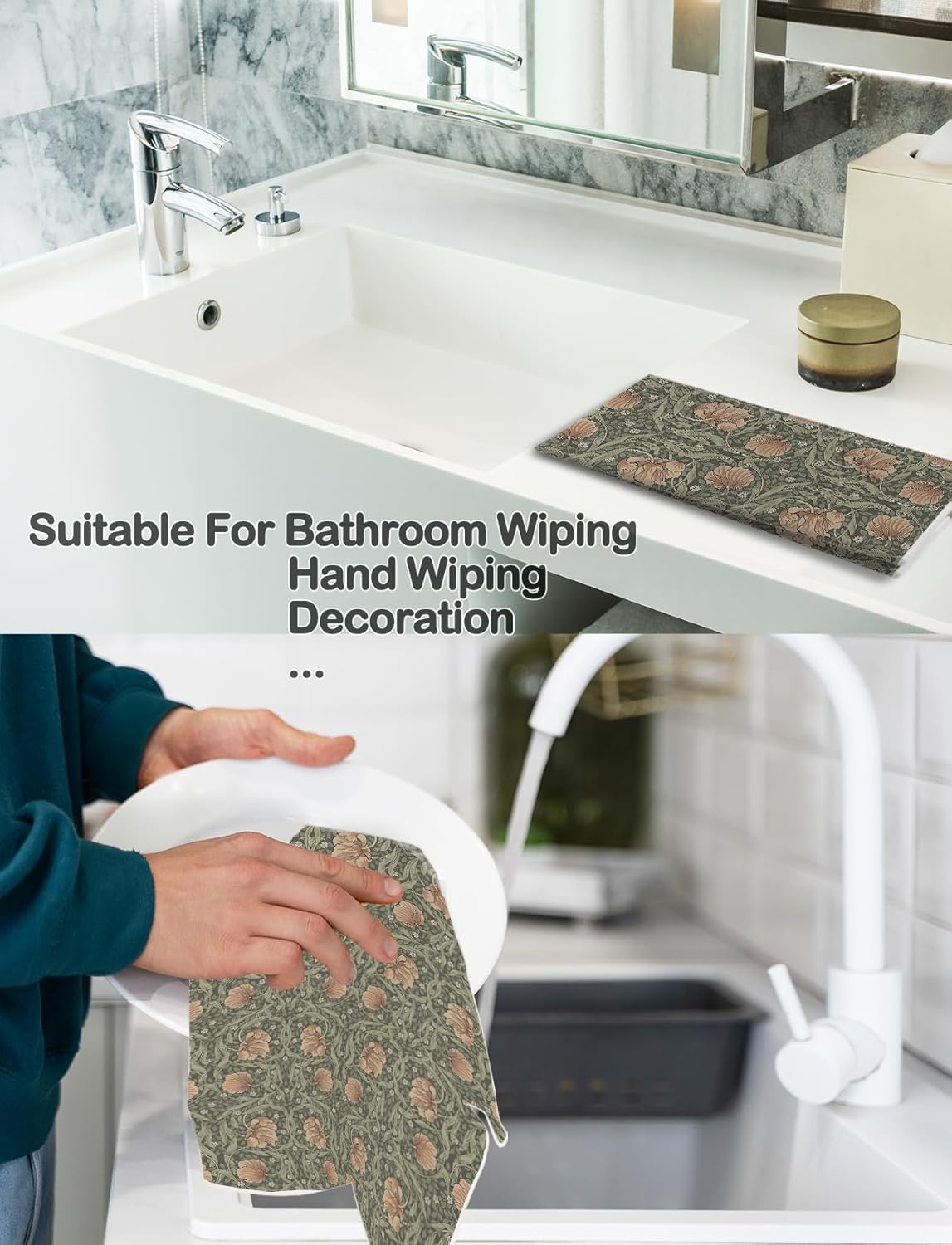 Vintage Boho Floral Kitchen Towels, Retro Green Botanical Hand Towels for Bathroom, Cottagecore Floral Dish Towels Tea Towels for Kitchen, Cottagecore Bathroom Decor, Rustic Kitchen Decor, 16x24 Inch - Image 6