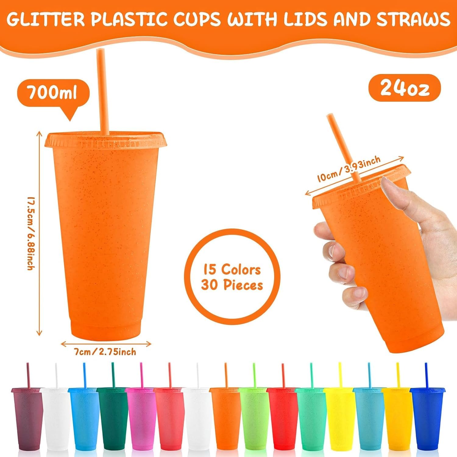 MSYU Confezione da 30 bicchieri in plastica glitterata da 680,4 g, con cannuccia e coperchio, bicchieri colorati per caffè freddo, riutilizzabili, da viaggio, per acqua, frullati, feste di compleanno