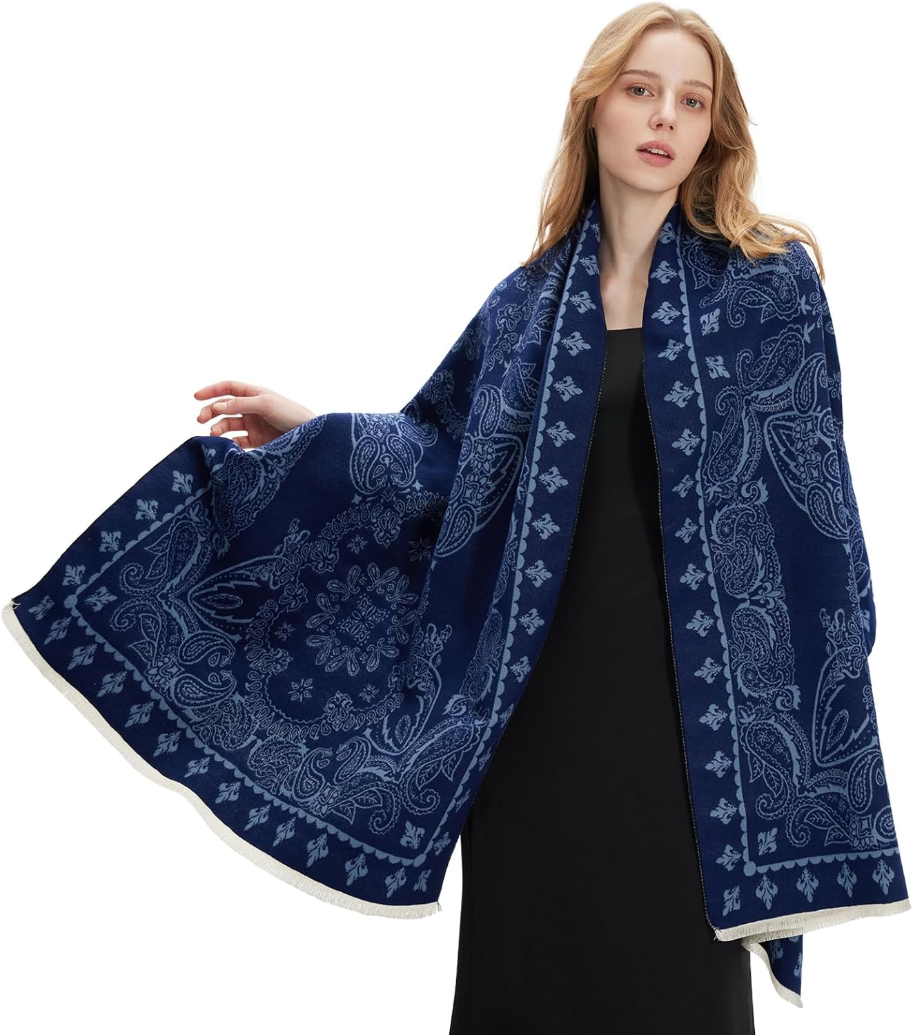 zero season Pashmina Shawl Wrap for Women Printed Scarf for Evening Dress, Wedding, Bridesmaid Gift, Formal Event, Blanket Poncho Cape Paisley Navy Blue Pattern - Image 5