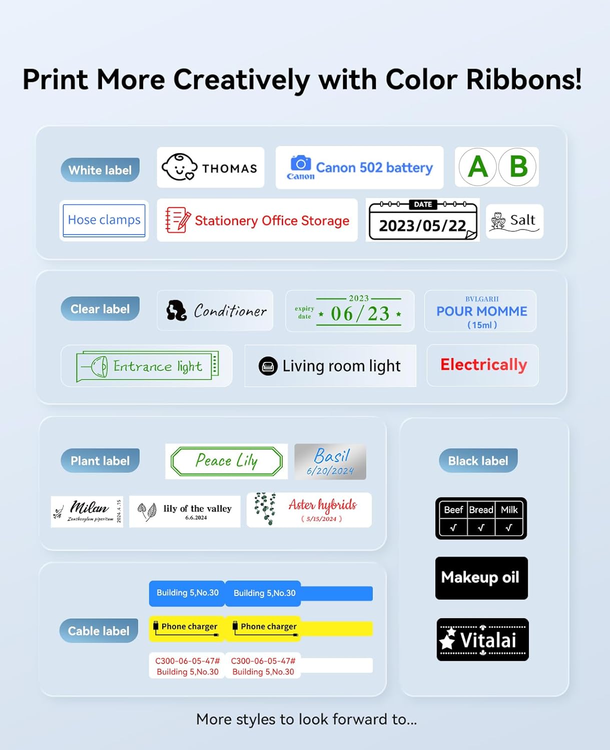 Examples of creative labels printed with color ribbons, including white, clear, plant, black, and cable labels.