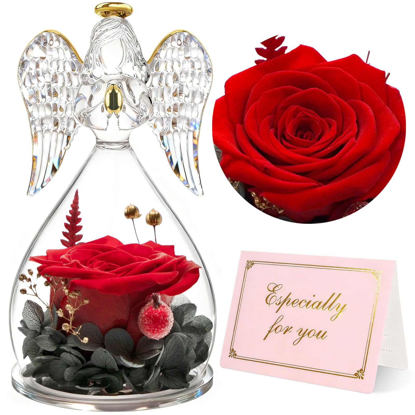 Yamonic Mom Birthday Gifts for Women, Preserved Roses Forever Flower in Glass Angel Figurines Gifts for Moms Grandma, Real Fresh Flowers Christmas Mothers Day Anniversary Valentines Gifts for Her(Red)