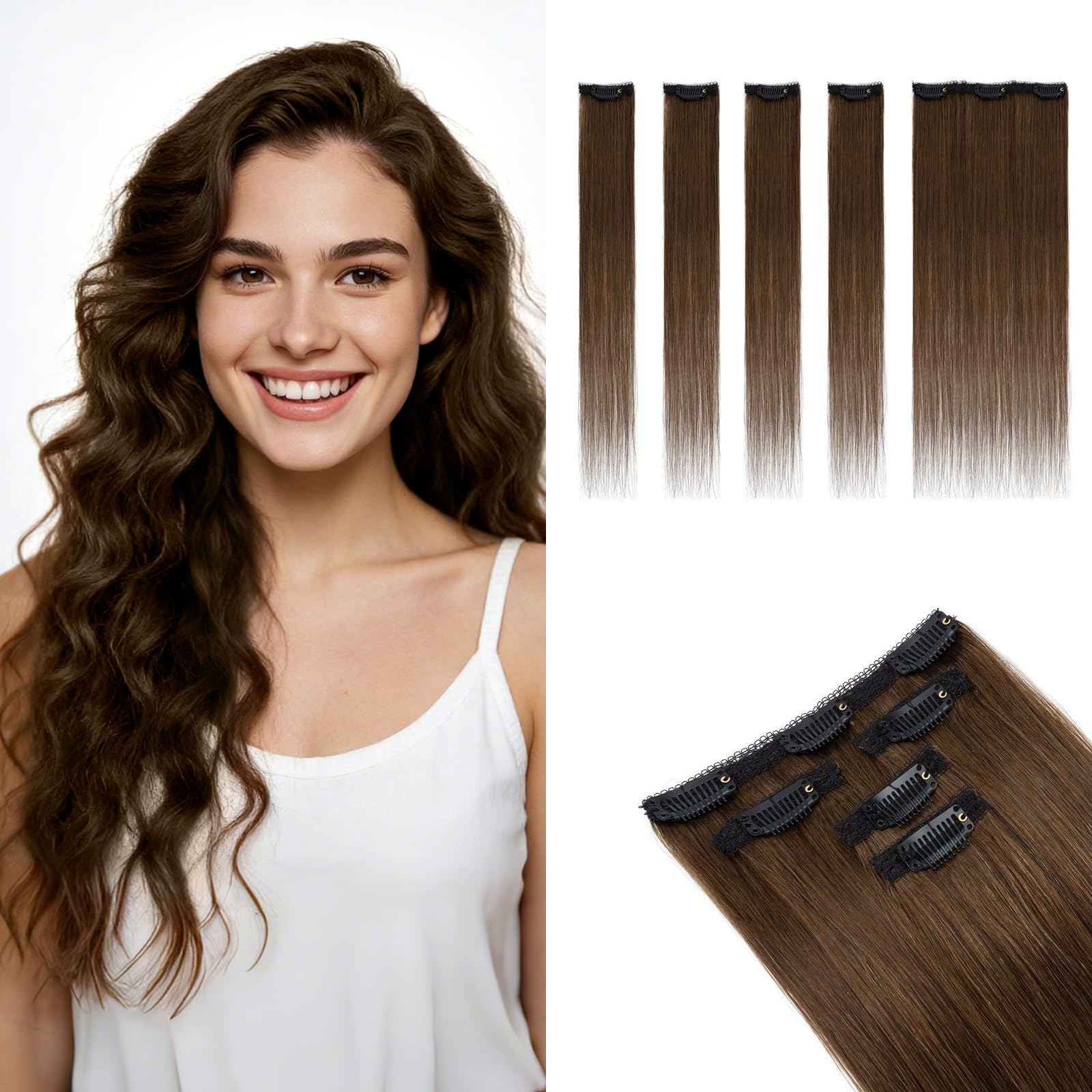 MY-LADY Echthaar Extensions Clip 5PCS (4PCS Single Clip + 1PCS 3 Clips) #04 Schokoladenbraun Haarverlängerung mit Lace Clips für Natürliche Fülle & Haarverdichtung 38g 30cm