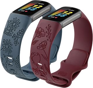 WONMILLE Flower Engraved Bands Compatible with Fitbit Charge 5 Bands for Women, Cute Floral Engraving Soft Silicone Sport Strap Replacement Wristband for Fitbit Charge 5 Fitness Tracker