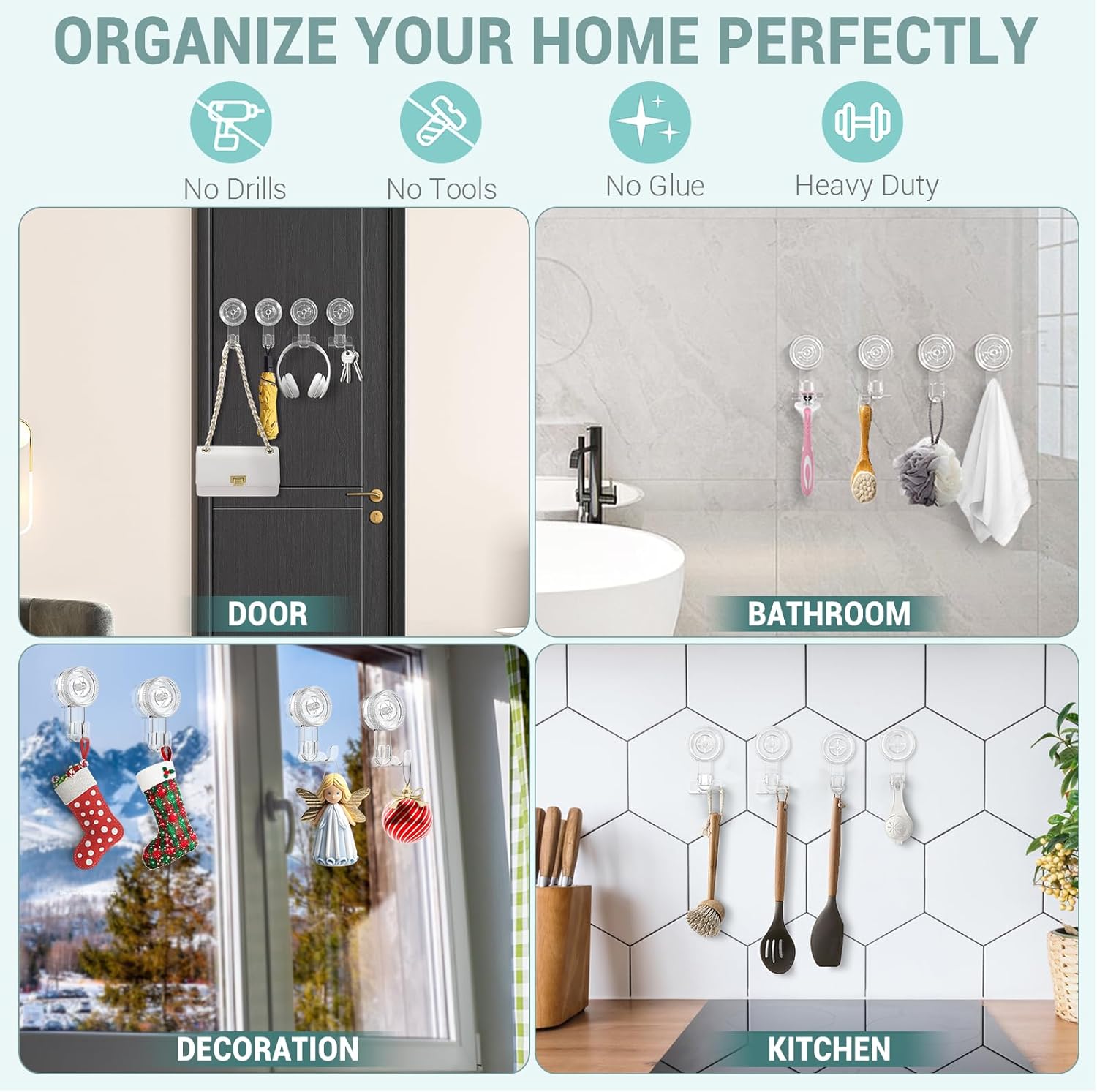 Suction Cup Hooks, BUDGET & GOOD Reusable Waterproof Shower Hook, 4Pcs Vacuum Suction Hooks - Razor Holder - Wreath Hook - Multi-Use for Bathroom Kitchen Office, Storage & Organization for Accessories