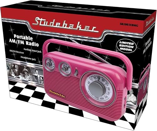 Miniatura 7 de Studebaker SB2003 Radio Retro Portátil AM FM Rosa Altavoz Integrado Funciona con Adaptador de CABatería Cable Aux-in (Paquete)