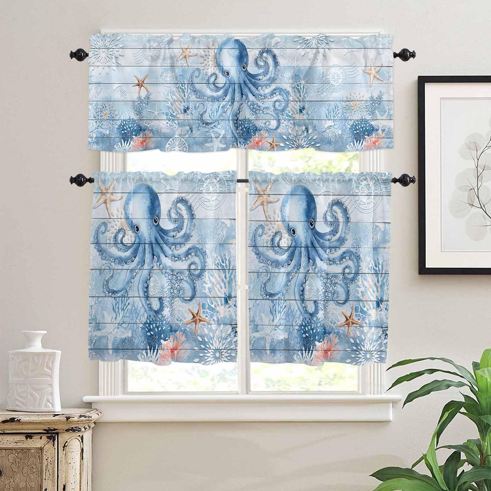 Blue Coastal Octopus Kitchen Curtains 36 Inch Length,3 Piece Rod Pocket Small Half Tiers and Valance Set,Beach Ocean Nautical Starfish Coral Small Large Window Treatment Decor for Bedroom/Bathroom