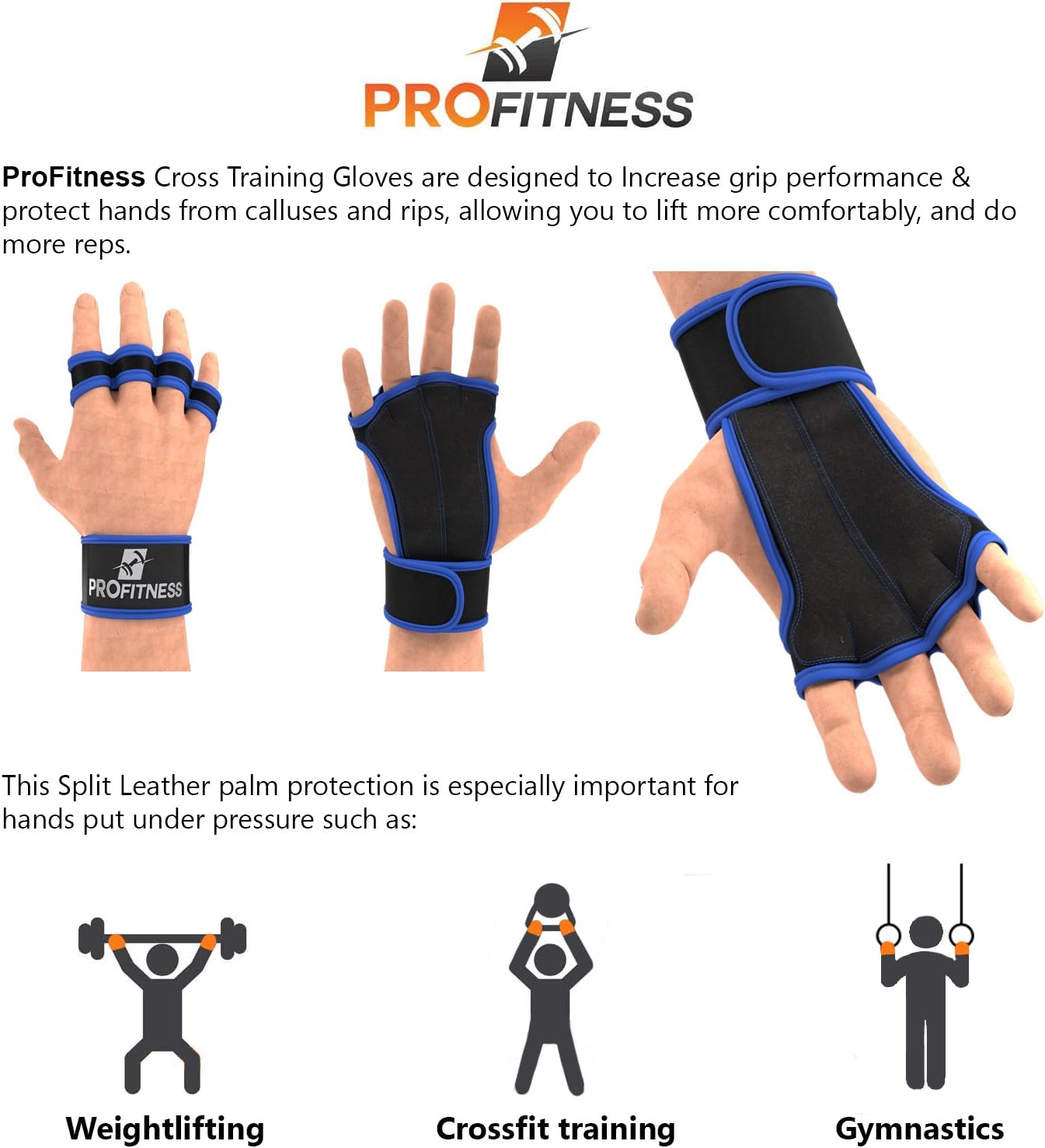 ProFitness Ventilated Cross Training Gloves with Wrist Support - Split Leather with Silicone Padding for Strong Grip + Protection from Injury - for Gym Workout, Weightlifting, Powerlifting & WOD