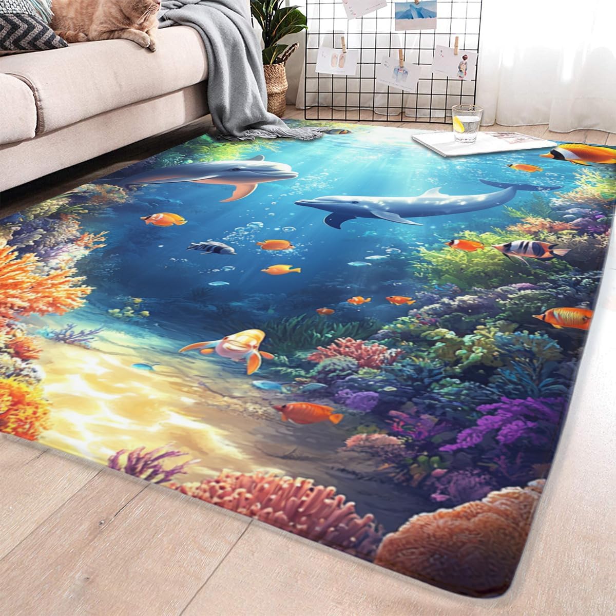 Dolphins swimming happily in the ocean, colorful seaweed bio rug, washable non-slip rug suitable for Children's room decoration, suitable for living room and kitchen hallway indoor rug 24x36inch