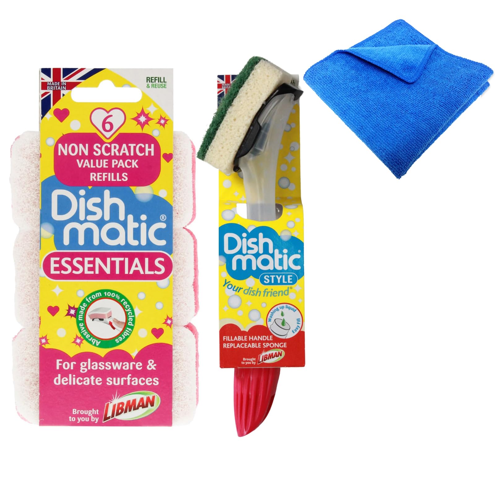 Homlix Fillable Washing up Brush with 6 x Non Scratch Sponge Refills and Homlix EcoWipes Microfiber Cloth