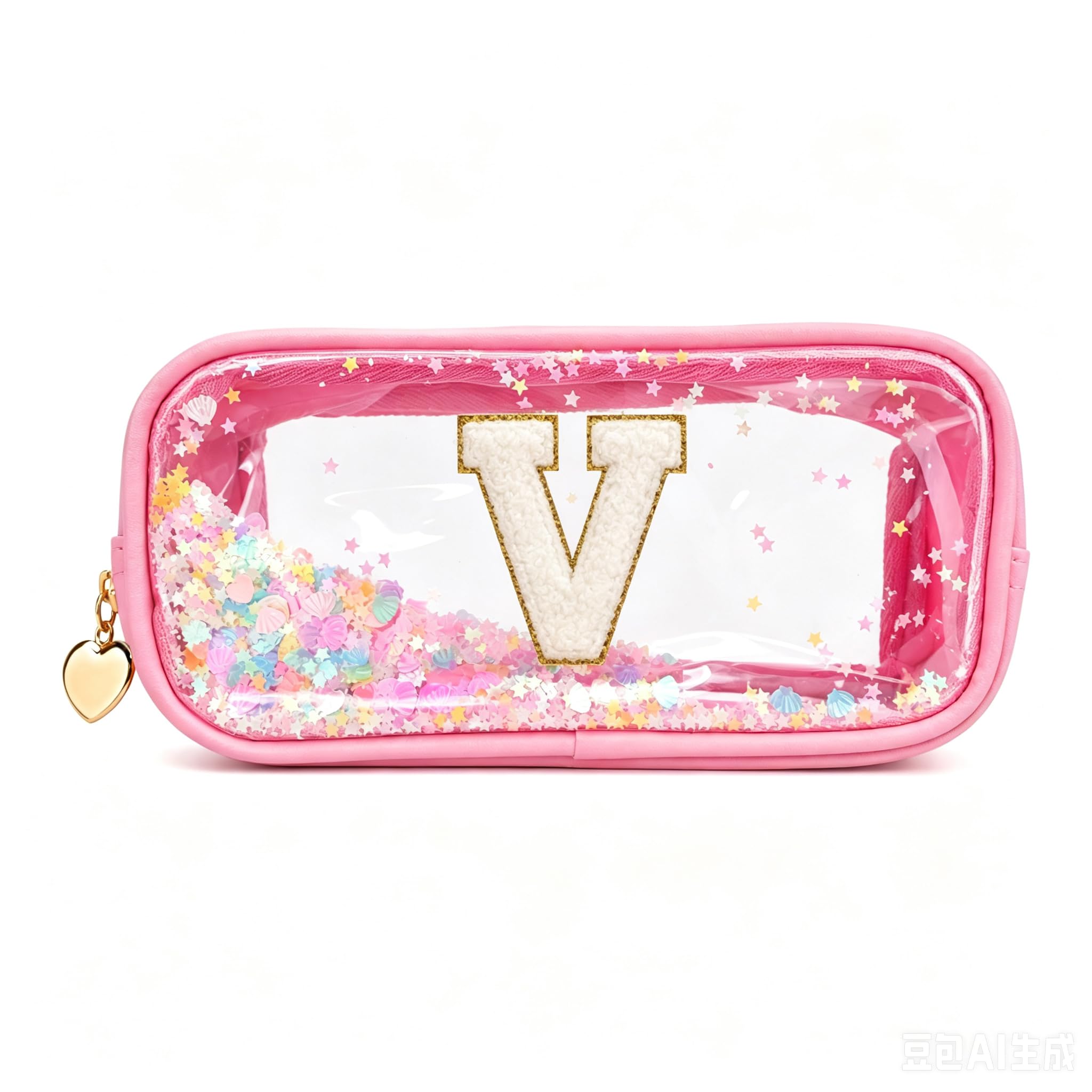 YCDKK The 26 Letters Clear Pink Pencil Case for Girls, Small Cute Transparent Pencil Case with A-Z Initial Design for School & Office, Portable Exam Zipper Pouch for Students, Teens & Women (V)