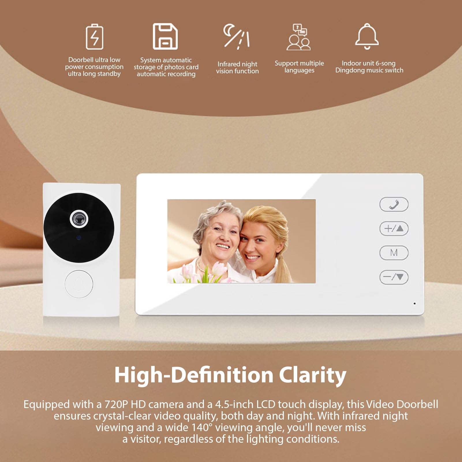 Yinhing Timbre con vídeo inalámbrico HD 720p, Pantalla táctil LCD 4,5 Pulgadas, visión Nocturna, ángulo 140°, bidireccional, Resistente IP55, Ideal para Villa