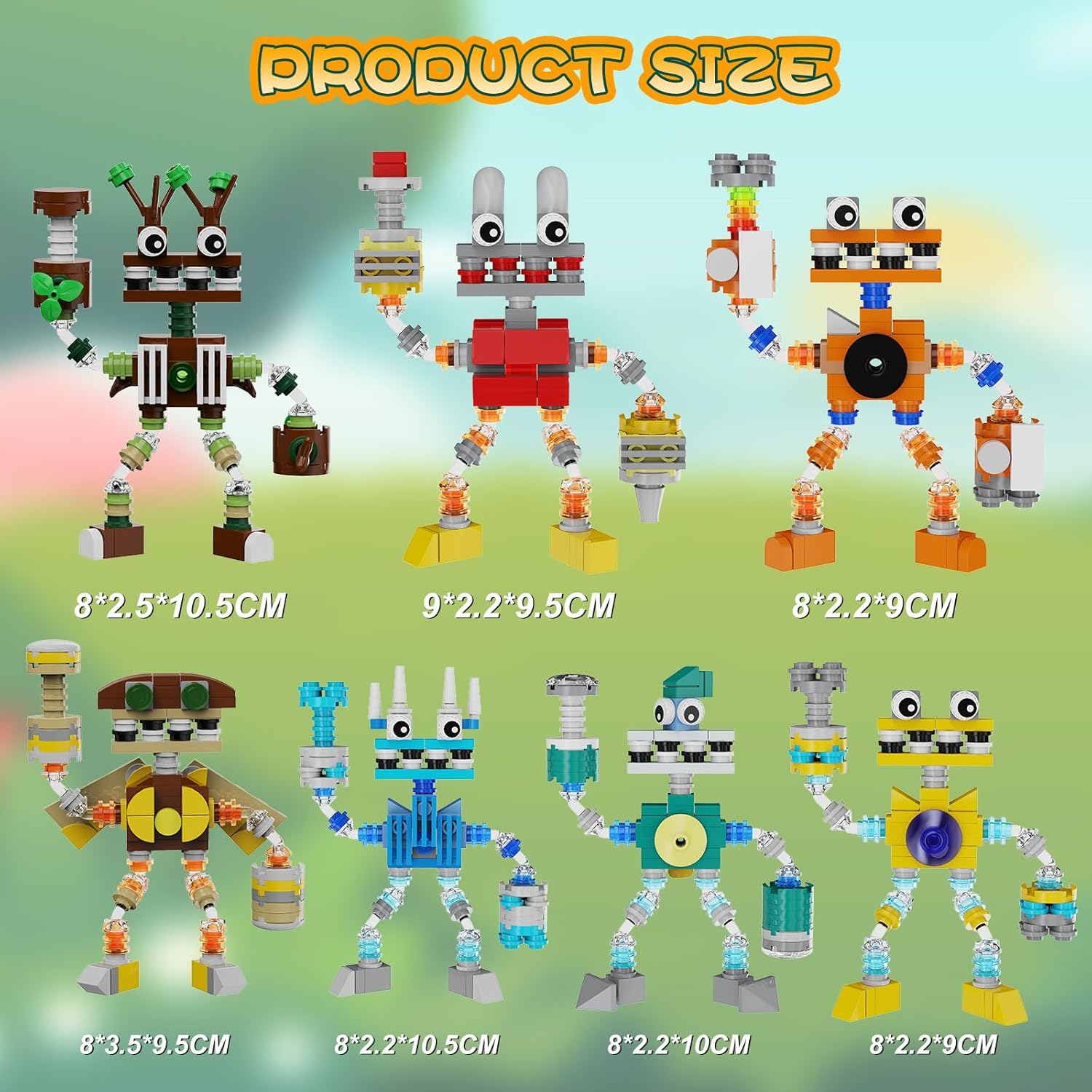 Image showing the approximate dimensions of each of the seven Wubbox Monster Friends figures.