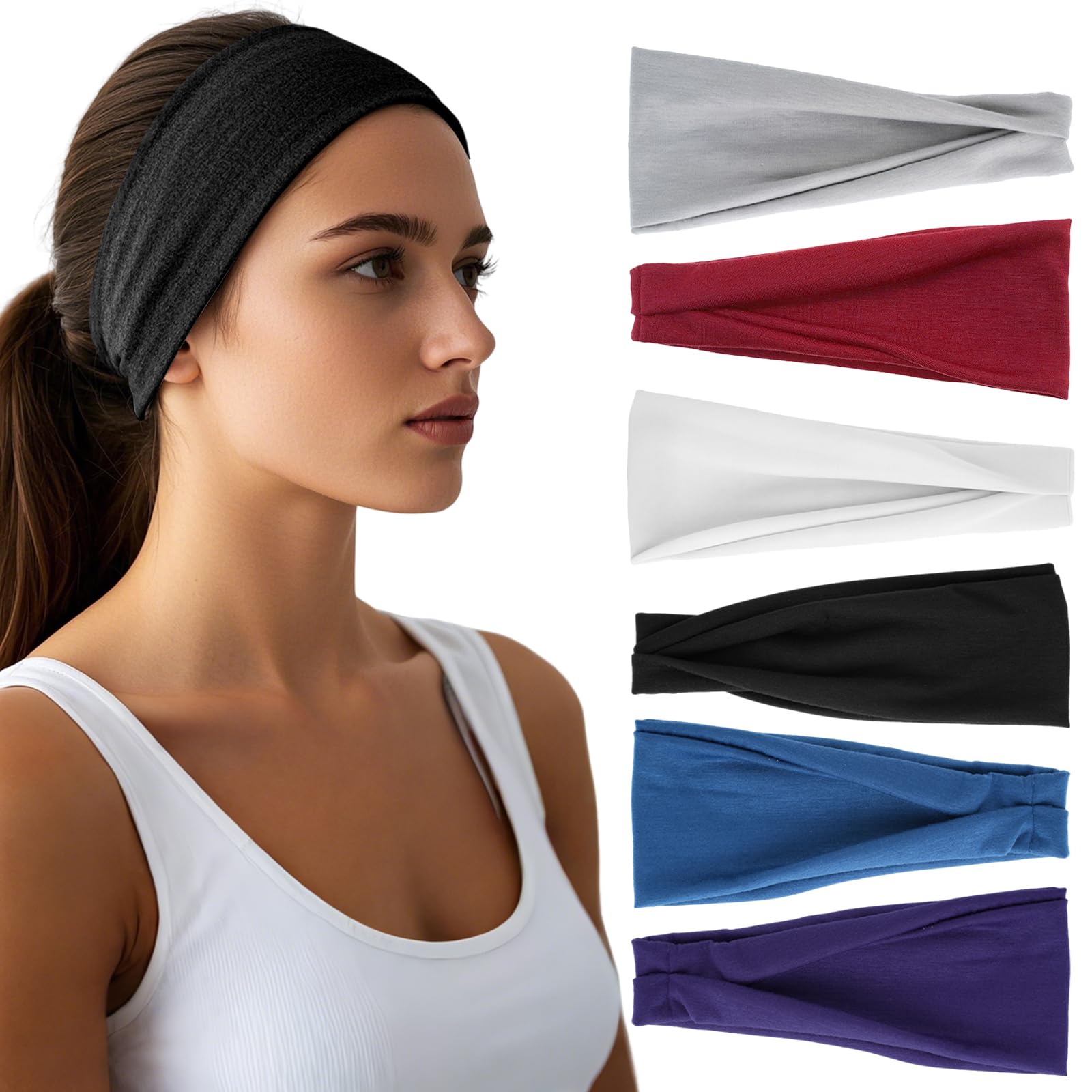 Headbands for Women - 6 Pack Wide Elastic Hairbands | Ultra-Soft Moisture Wicking Sports Headband | Non-Slip Accessories Bands for Fashion (Dark Purple Gray, White Red Navy Black)-image-27