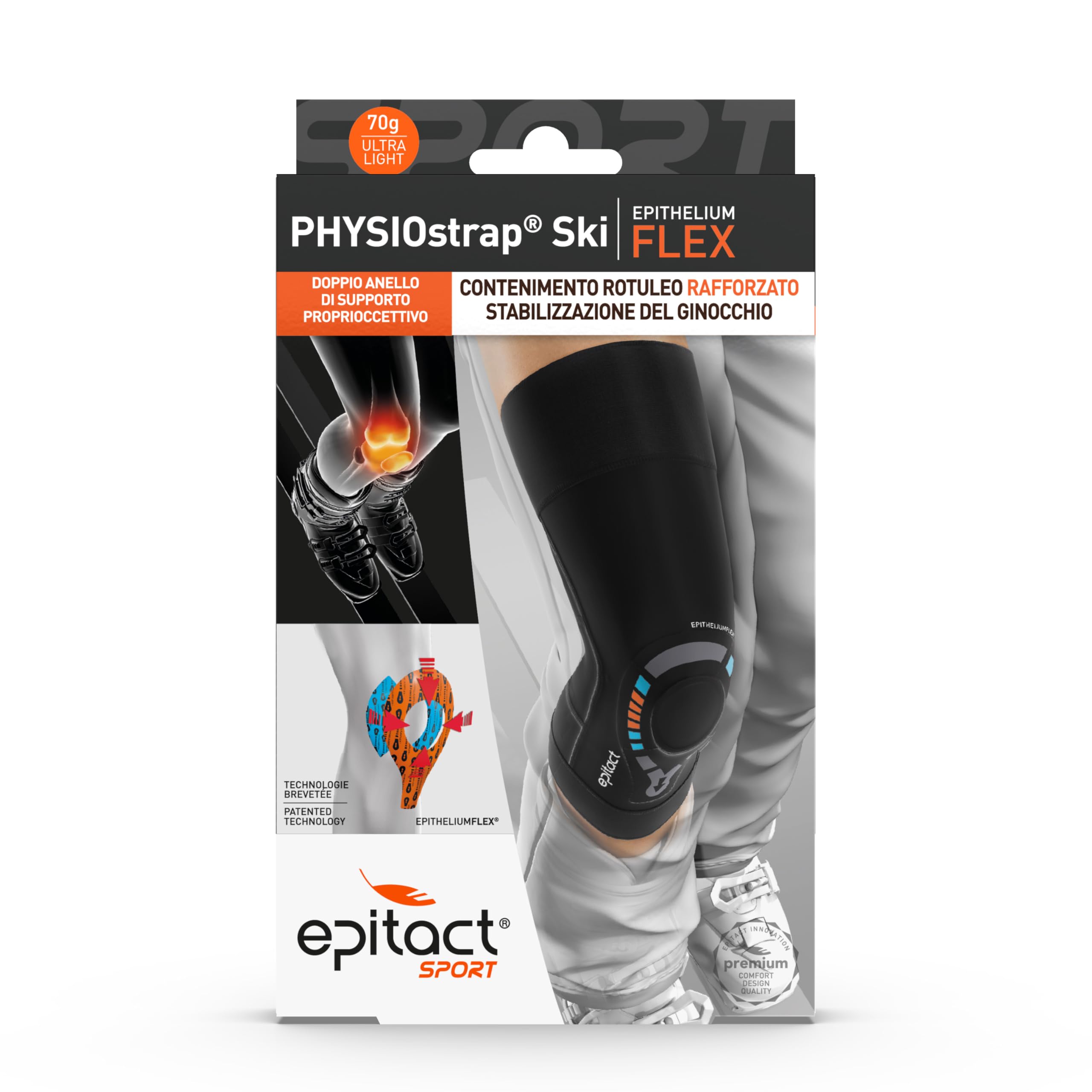 Epitact | Ginocchiera Physiostrap Ski | Ginocchio Fragile e Dolorante | Allevia e Protegge il Ginocchio, Sostegno Rotuleo Rinforzato | Ultrafine, Flessibile, Leggera | Tenuta Ottimale (M)