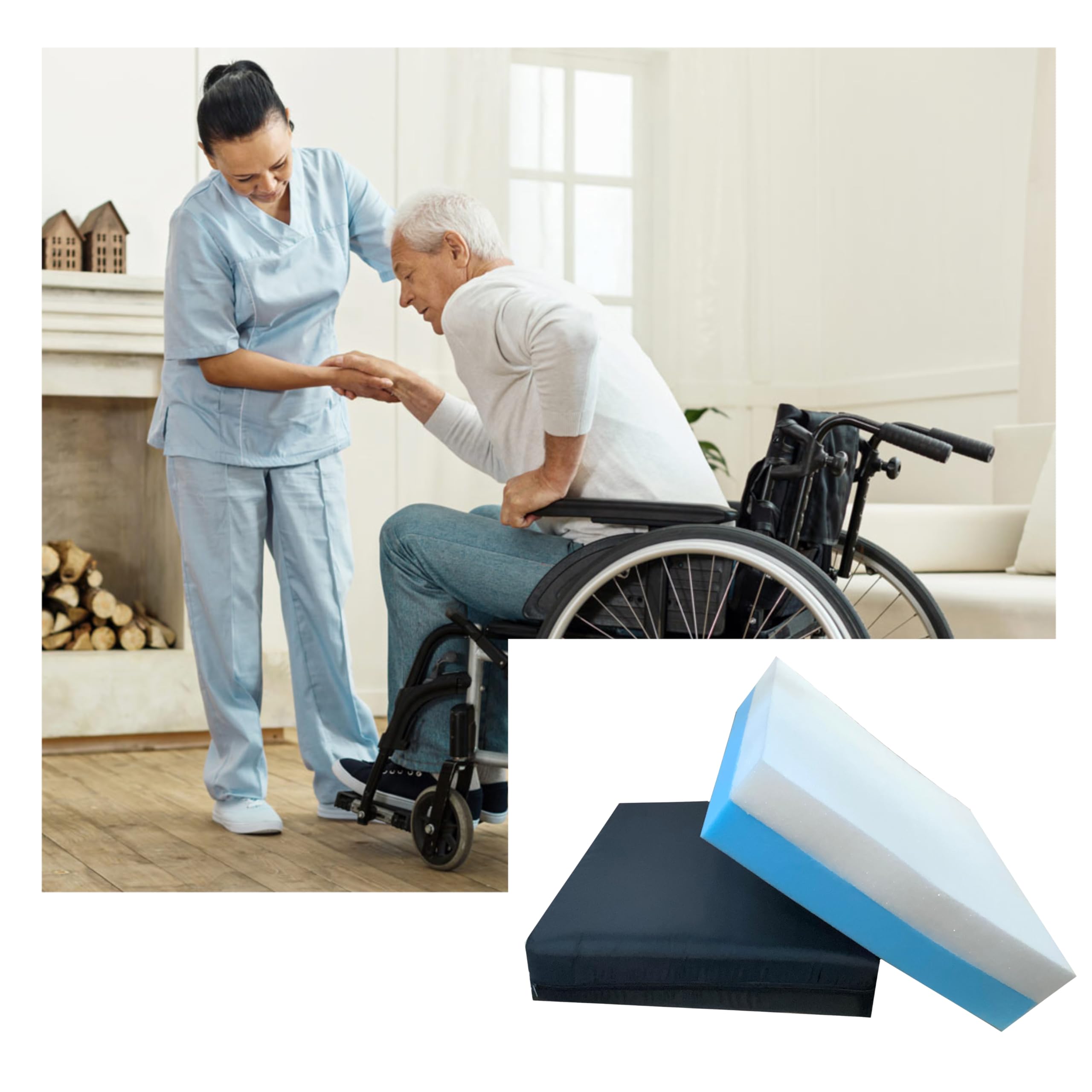 Cuscino antidecubito misto per sedia a rotelle - Ortopedico per coccige e zona lombare con rivestimento impermeabile e traspirante, imbottito con schiuma viscoelastica e HR Comfort.