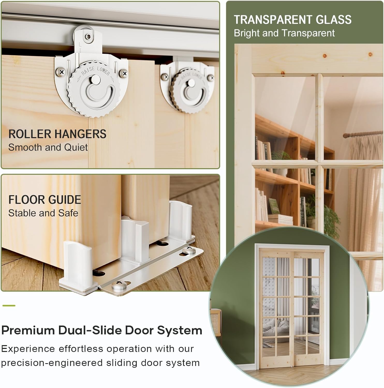 Easelife Preassembled Sliding Closet Door 60in x 80in (Double 31in), Spruce Wood Barn Door Slab with Bypass Hardware Track Kit, Tempered Clear Glass, Fit Interior Pantry Kitchen