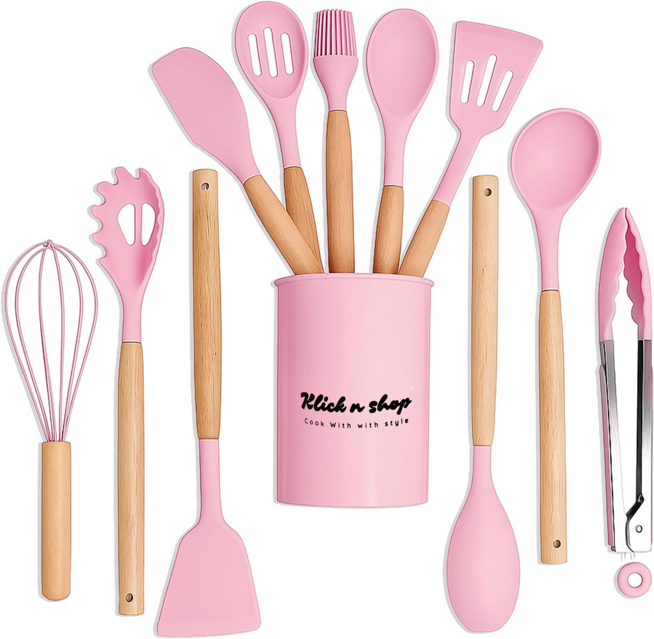 12 Pc Silicone Kitchen Utensils & Spatula Set | Non-Stick Cooking & Baking Tools with Wooden Handle | Heat Resistant, BPA-Free, Flexible Non-Toxic Silicone Cookware Tools for Non-Stick Pans (Pink)