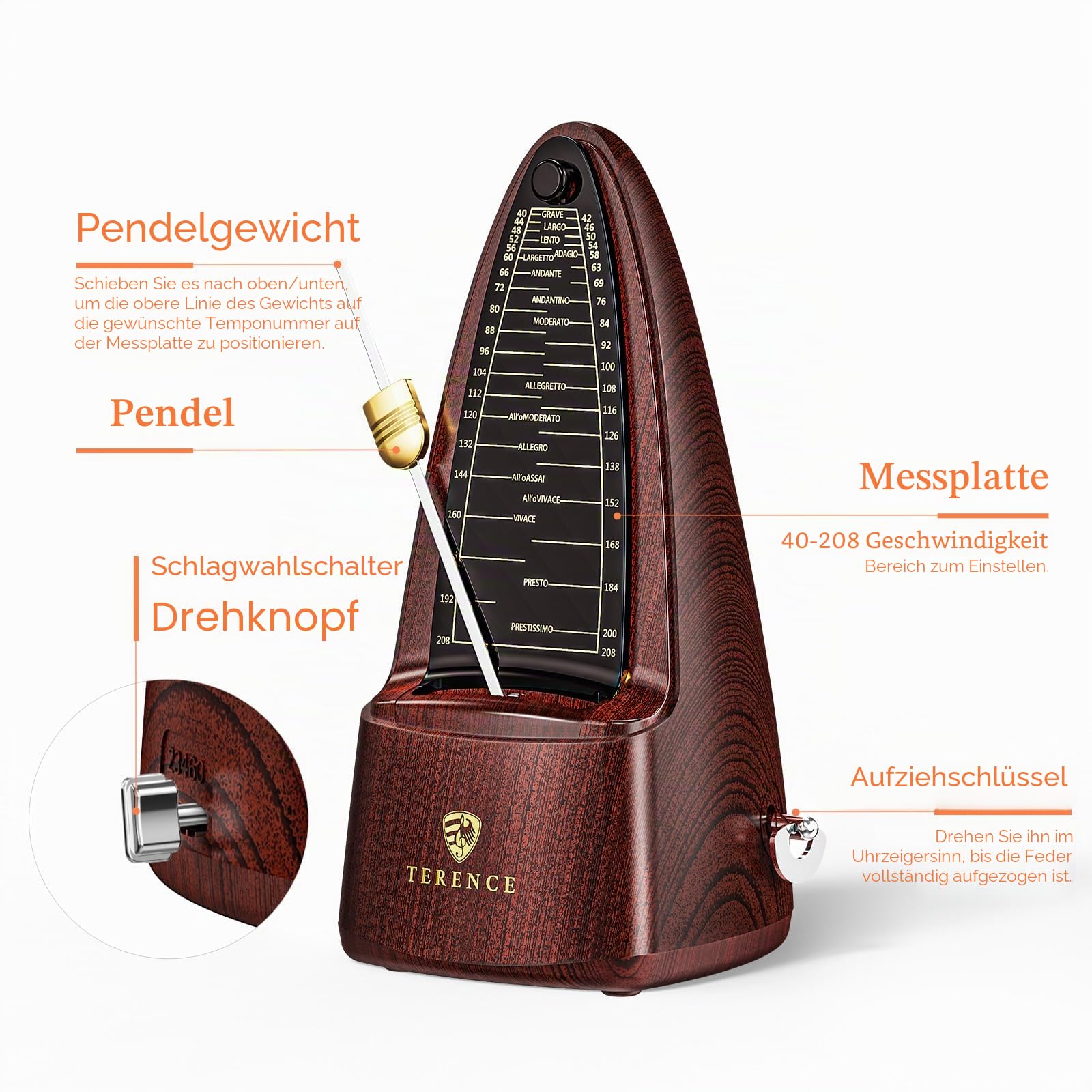TERENCE Mechanisches Metronom für Klavier Gitarre Bass Violine mit hoher Präzision Traditionelle Pyramide Holzfarbe
