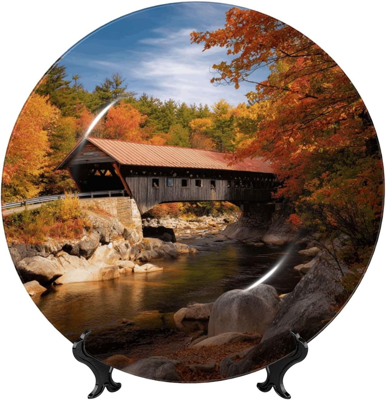 Bone China Decorative Plate with Display Albany Covered Bridge Ceramic Plates Crafts Art Decor Dessert Plate Ceramic Ornament Porcelain Plates for Living Room Kitchen Table Home Decor