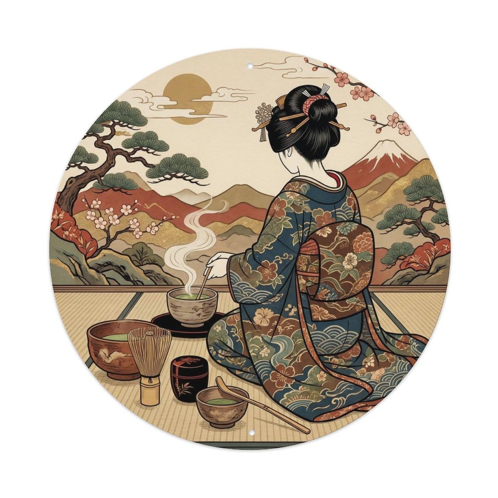 Galvaxio Style Japanese Kimono Woman With Exquisite Tea Ceremony Set Metal Tin Sign