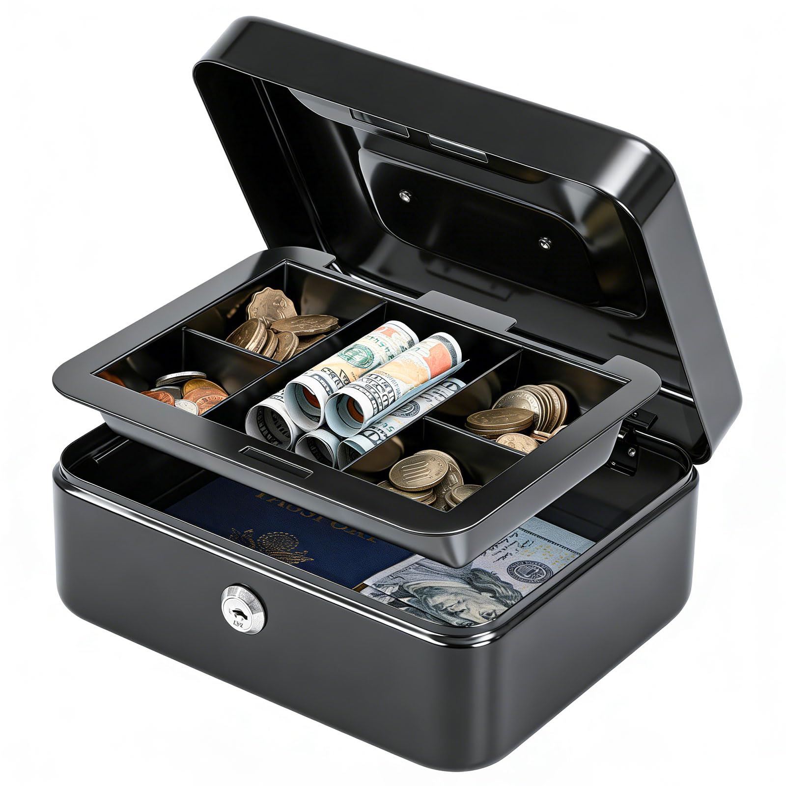 KYODOLED Medium Cash Box with Removable Money Tray, Key Lock Metal Storage Box with 2 Keys & Portable Handle, Safe Cash Drawer, 7.87"x 6.30"x 3.54", Black