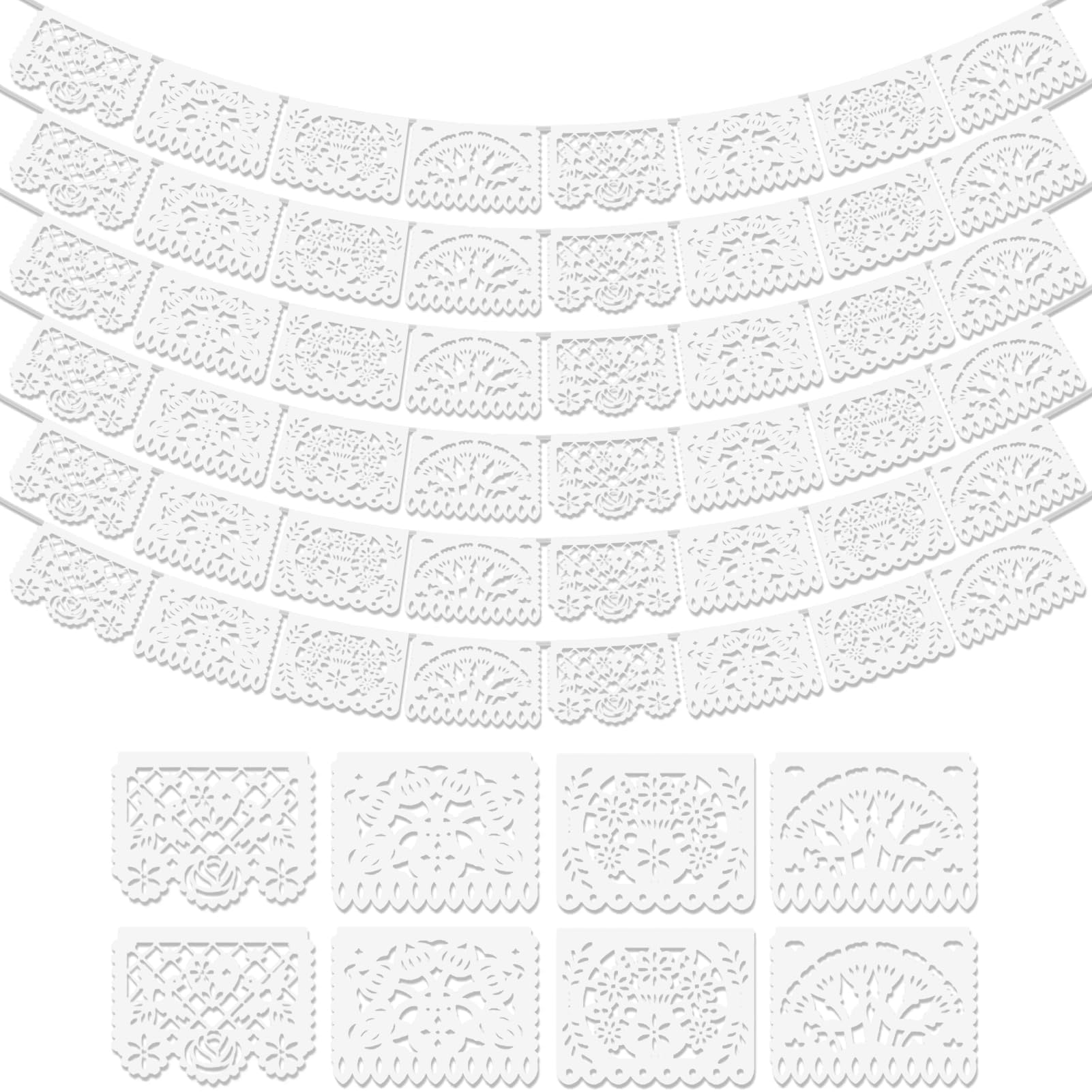 Asoulin 6Pack White Papel Picado Banner, Cinco De Mayo Decoration Plastic Mexican Banner Wedding Fiesta Party Decoration 5 De Mayo Mexican Themed Mexico Birthday Party Decor Supplies - 4 Patterns/90Ft