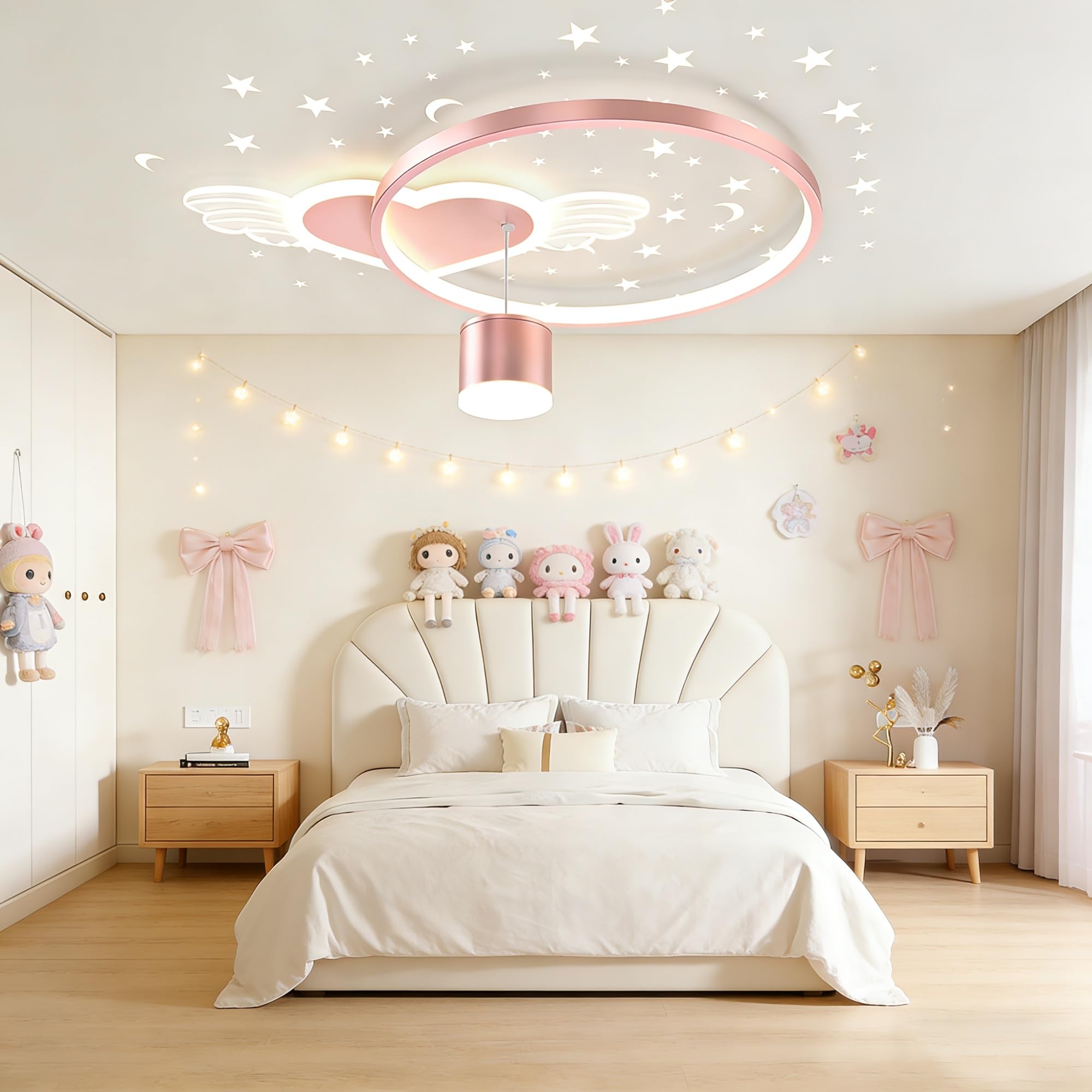 LED-Dachstoffleuchte 45W Angel Wing Heart Form Moderne Kronleuchter Unbegrenzte Dimmung 3000K-6500K Mit Fernbedienung Rosa Licht Für Schlafzimmer Restaurant Kinderzimmer