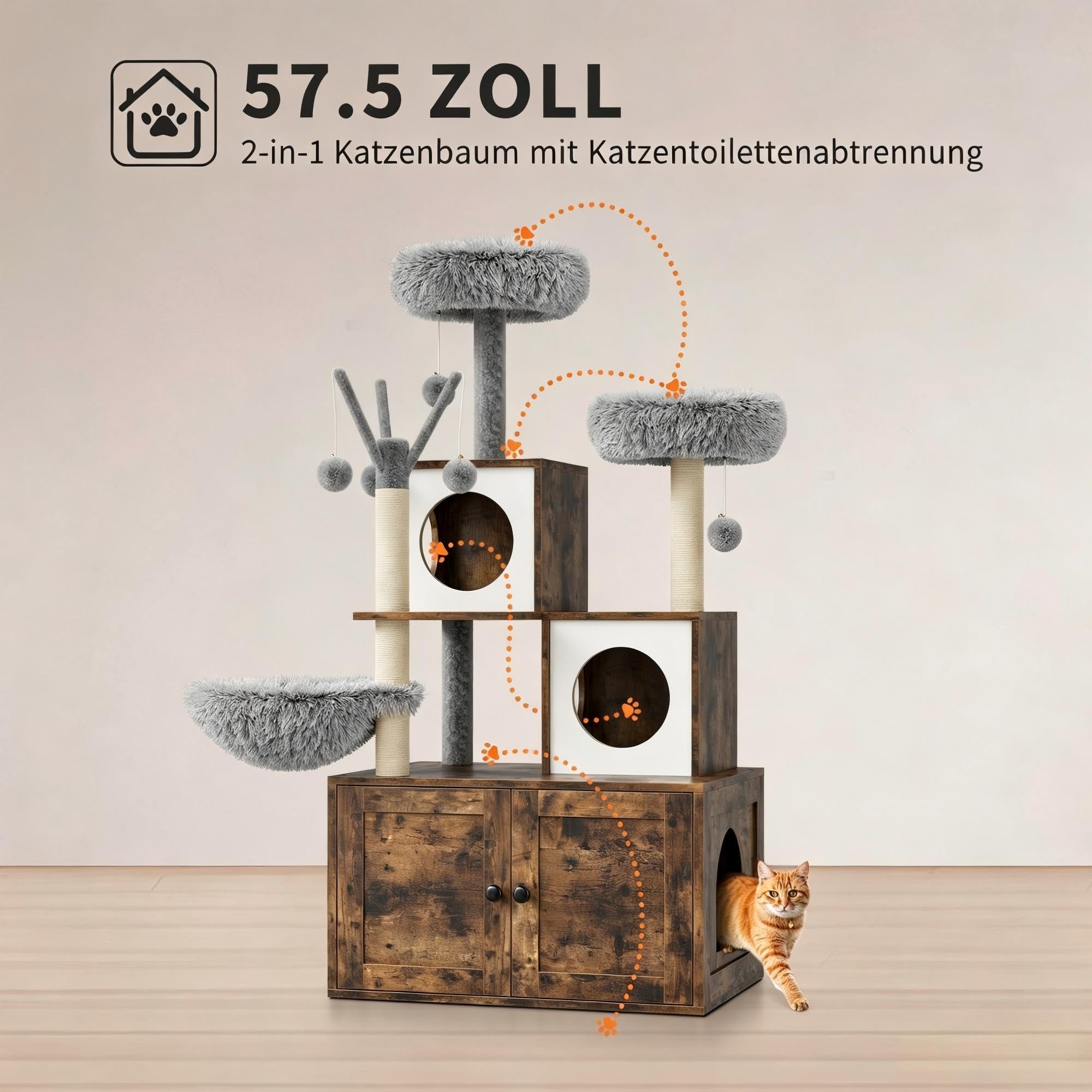 54,3" Katzenbaum mit Katzentoiletten-Schrank, 2-in-1 Kratzbaum mit Liegekorb und Plattform, Rustikales