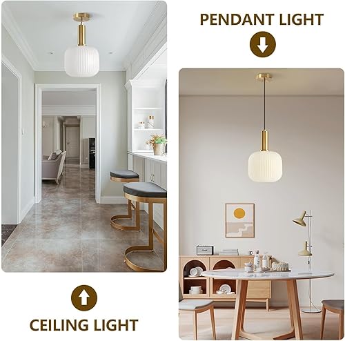 Miniatura 3 de KCO Lighting Lámpara Colgante de Vidrio de Leche Blanco Lámpara Colgante de Vidrio Acanalado Blanco Lámparas Colgantes de Latón Antiguo Pequeña