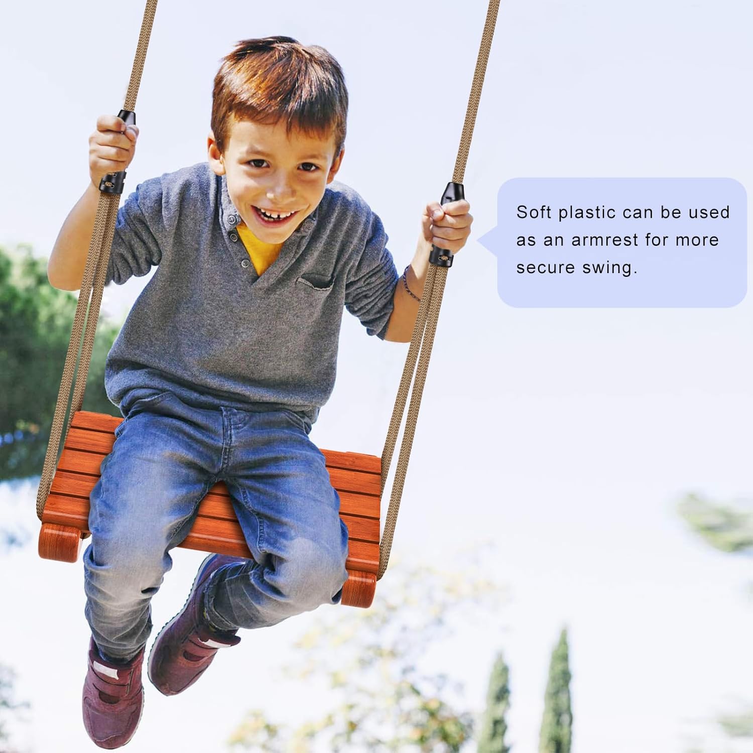 SELEWARE Wooden Swing Seat with Adjustable Rope | Heavy Duty Flat Tree Swing for Adults & Kids, Indoor/Outdoor Playground Swing Set (17.5 x 10.6 Inch)