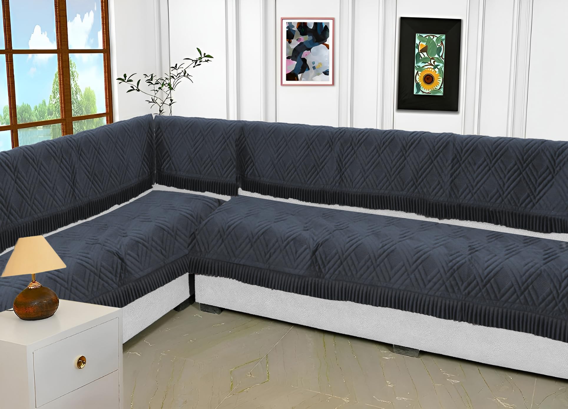 Fashion Throw 3 Seater Quilted Velvet Sofa Cover with Frill | Washable Durable Protector Mat Enhancing Living Room for Sofa Heritage Weave Collection (Dark Grey with Frill, L-Shape + Back)-image-32