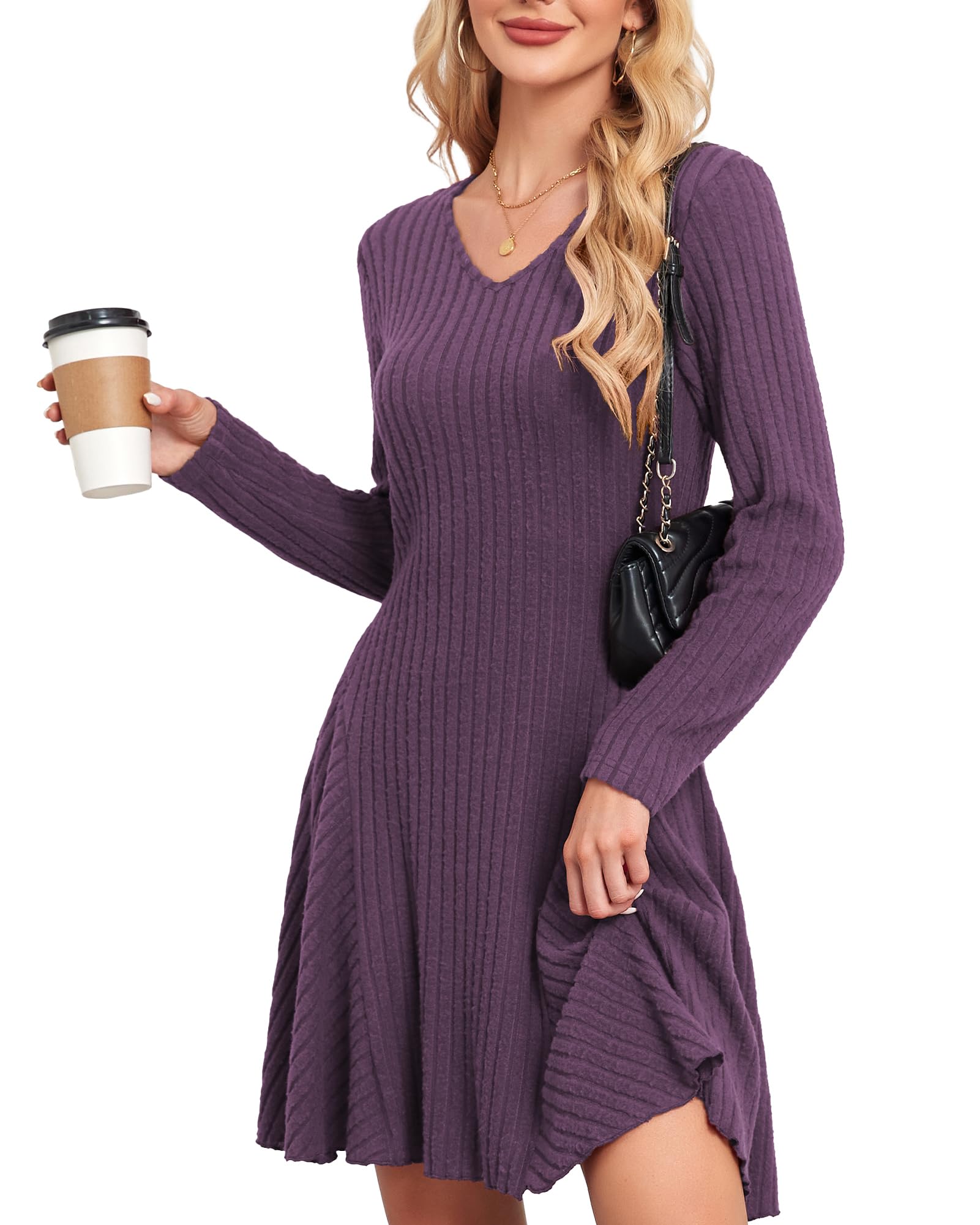 SENBATU Robe tricotée Femmes Automne élégant Pullover Robe Manches Longues col en V vêtements d'hiver