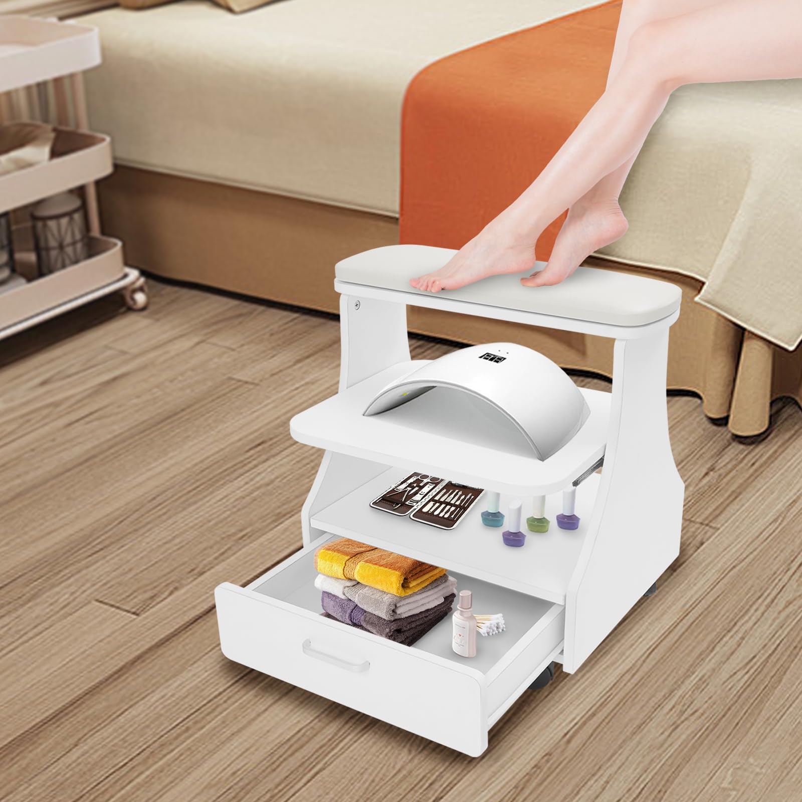 Carrito de salón con cojín, carrito de almacenamiento de 3 niveles para herramientas de manicura y pedicura, carrito para baños de pies, pedicura, accesorios de salón, hasta 50 kg, 52 x 41 x 55 cm