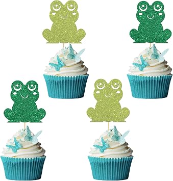 Frog Cupcake Toppers - Rainforest Baby Shower Cupcake Supplies - Kid Boy Girl Birthday Dessert Decor - Wedding Party Cupcake Decorations - 24 PCS Green Glitter Frog