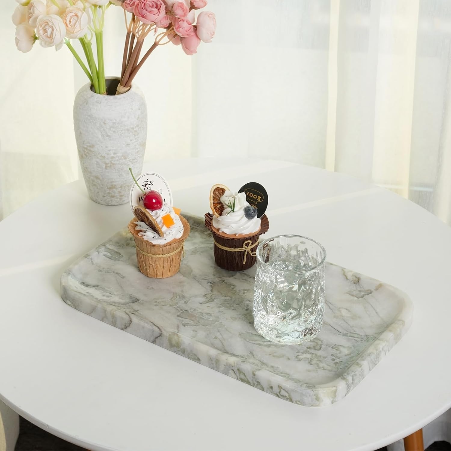 Marble Vanity Tray, Large Stone Bathroom Tray for Countertop, 14'' African Gem Genuine Marble Decorative Tray for Dresser, Green Kitchen Trays for Counter,Perfume Storage, Non-Resin/Ceramic