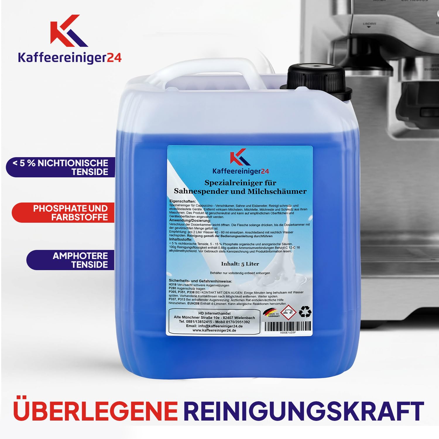 Kaffeereiniger24 - Limpiador de sistema de leche (5 L, compatible con Jura, DeLonghi, WMF, Saeco y Melitta, limpiador de espuma de leche para cafeteras automáticas)
