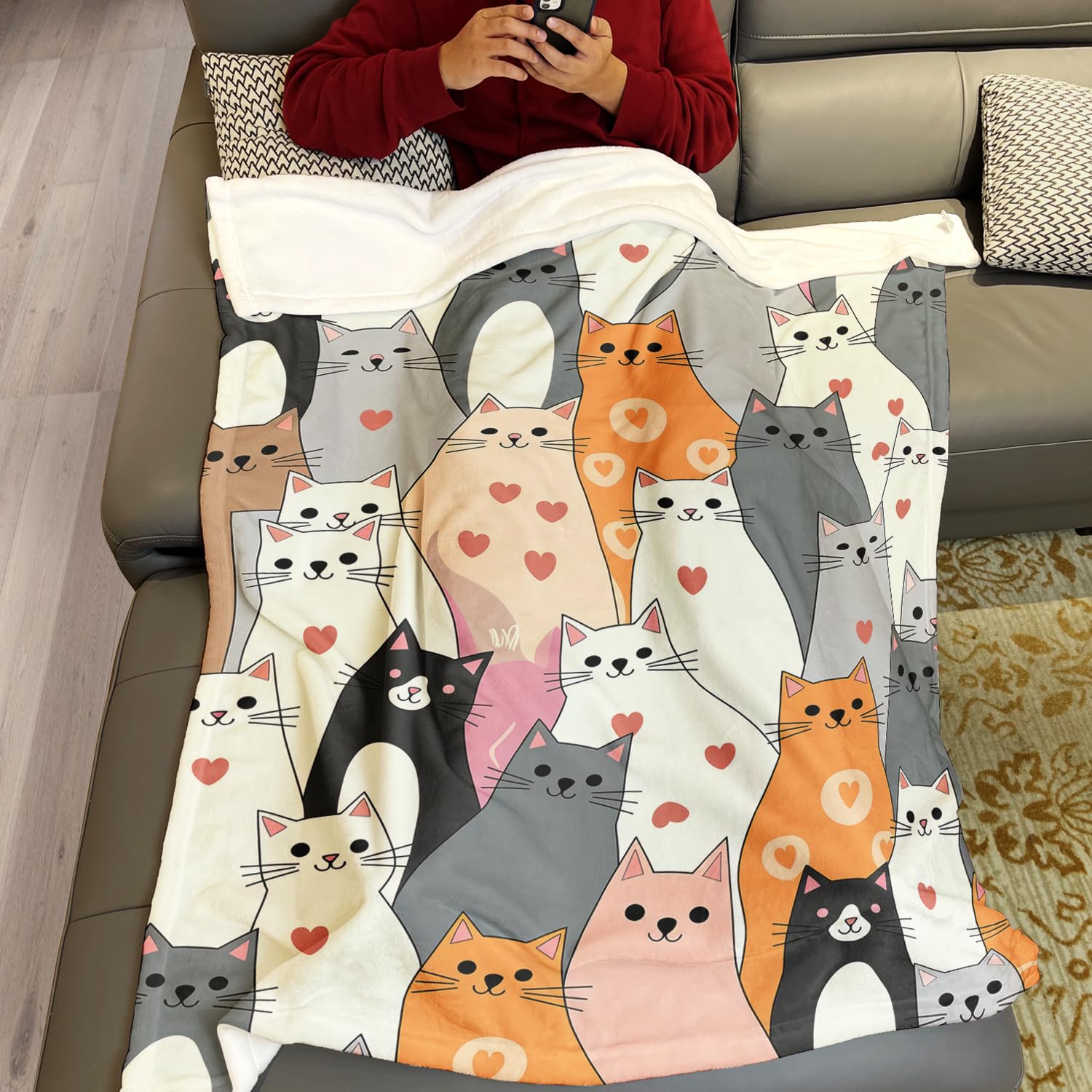 YISUMEI Kuscheldecke mit Cartoon Katzen mit Herzen, Super weiches Fleece, Überwurfdecke für Bettwäsche Couch Sofa, Schlafzimmer Wohnzimmer, Dekoration Decke, 150x200cm
